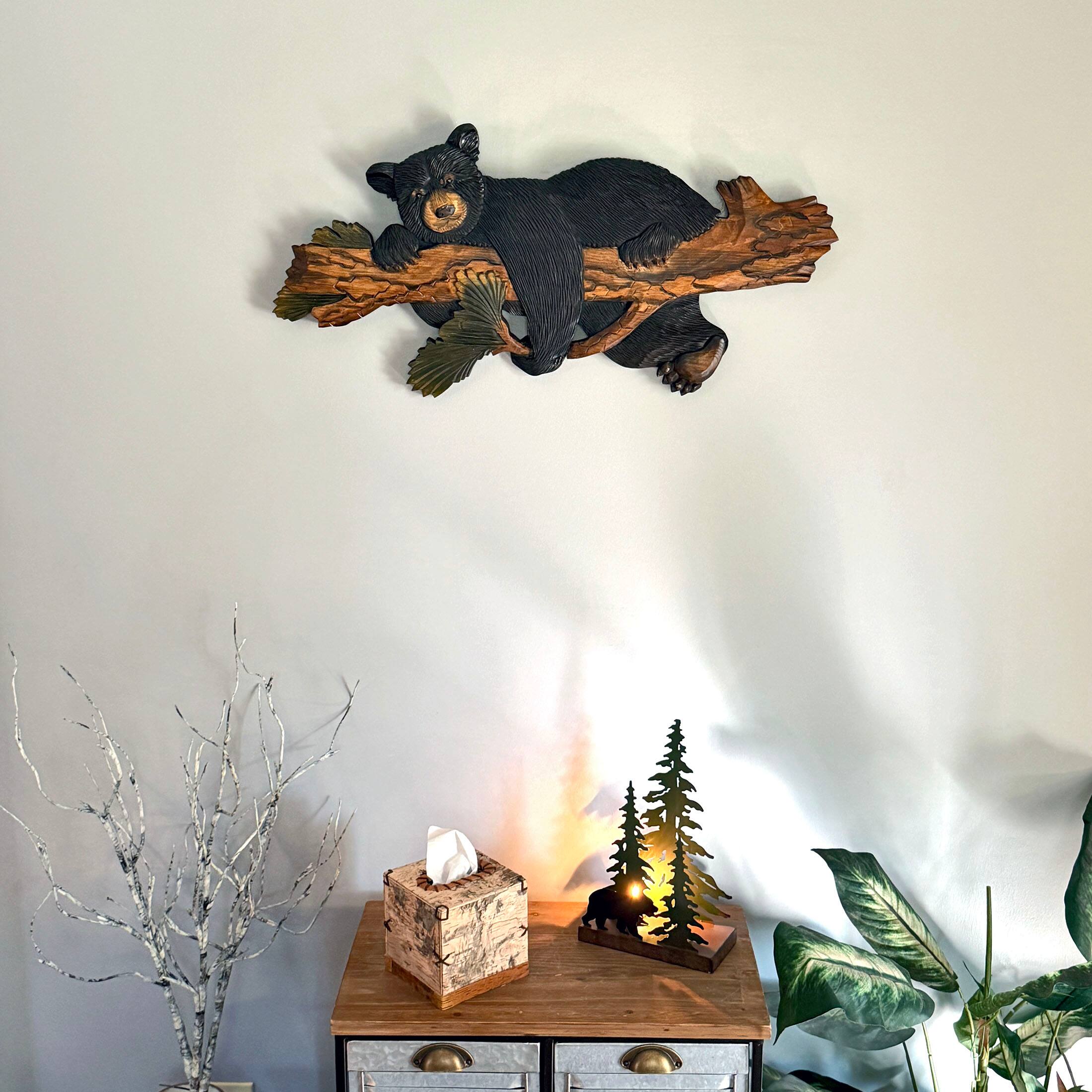 Alt View 3. Zeckos - Bear on Branch Wood Wall Sculpture 31in Rustic Lodge Cabin Wall Art - Brown.