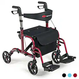 Costway - Folding Medical Rollator Walker Aluminum Transport Chair Adjustable Handle - Red