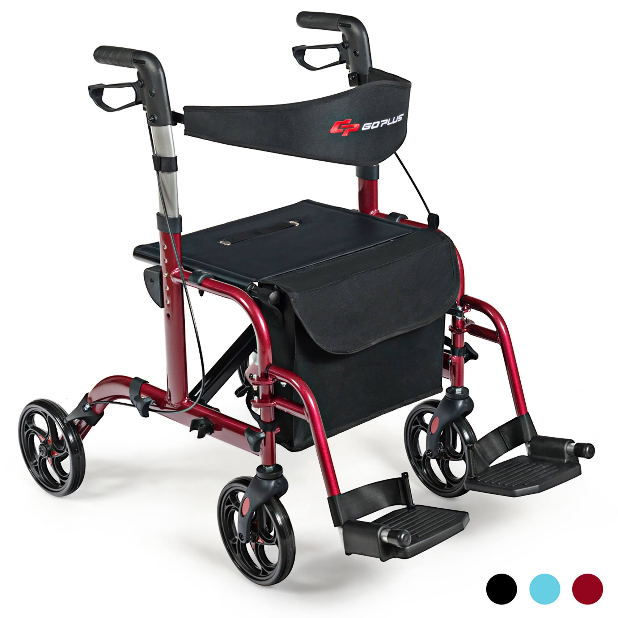 Front. Costway - Costway Folding Medical Rollator Walker Aluminum Transport Chair Adjustable Handle Red - Red.