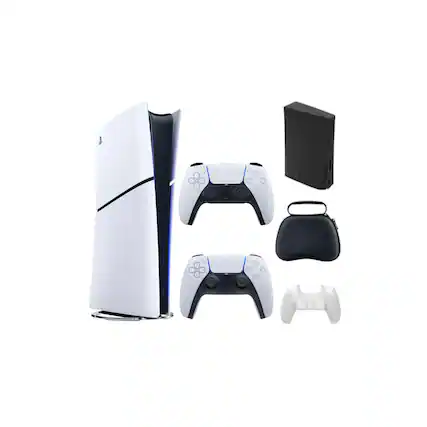 Front. Sony - Sony Playstation 5 Slim Console Digital Edition Bundle With Accessories and Extra Controller - White.