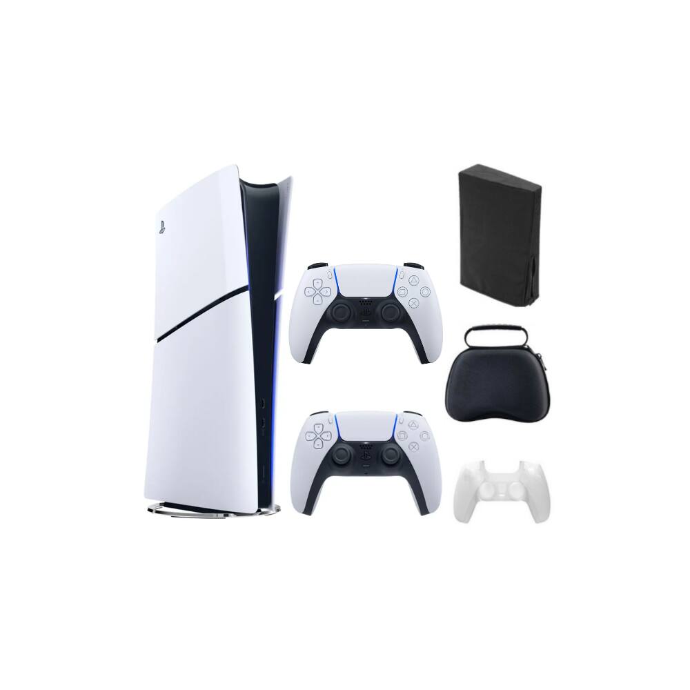 Front. Sony - Sony Playstation 5 Slim Console Digital Edition Bundle With Accessories and Extra Controller - White.