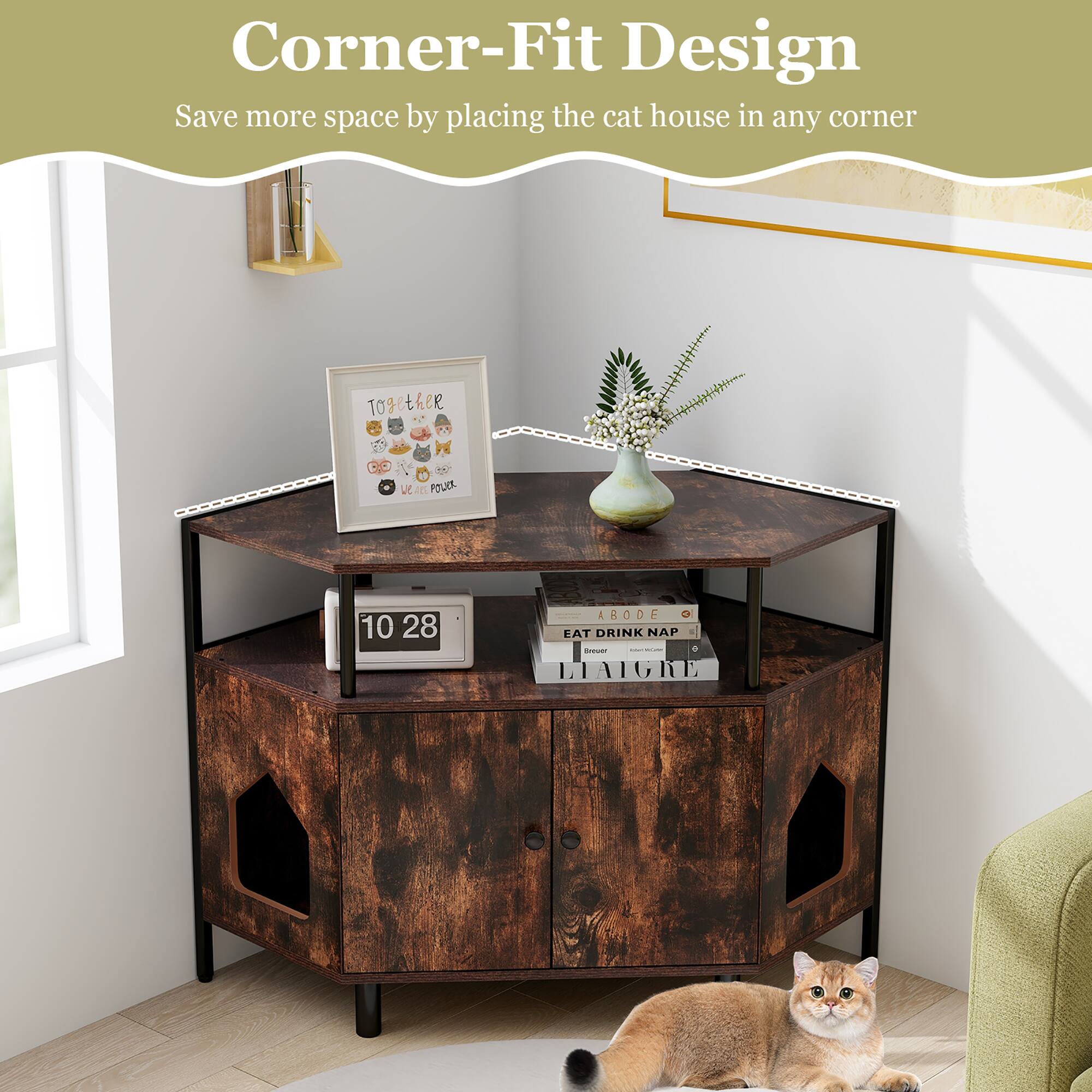 Corner-Fit Design  
Save more space by placing the cat house in any corner  

Together  
We are power  

10 28  

EAT DRINK NAP  
LIAIGRE