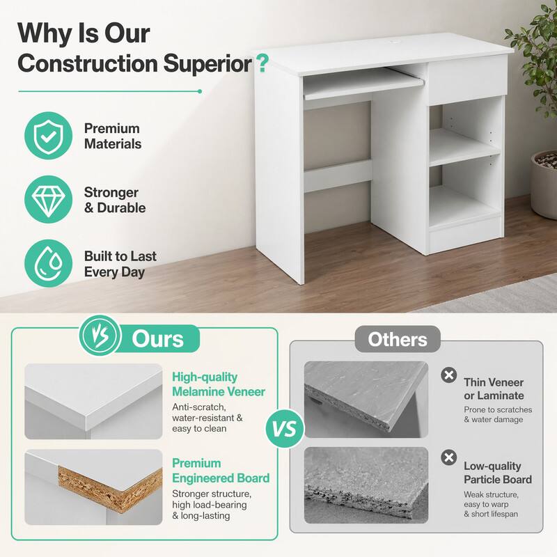 Why Is Our Construction Superior?

Premium Materials
Stronger & Durable
Built to Last Every Day

Ours
High-quality Melamine Veneer
Anti-scratch, water-resistant & easy to clean

Premium Engineered Board
Stronger structure, high load-bearing & long-lasting

Others
Thin Veneer or Laminate
Prone to scratches & water damage

Low-quality Particle Board
Weak structure, easy to warp & short lifespan