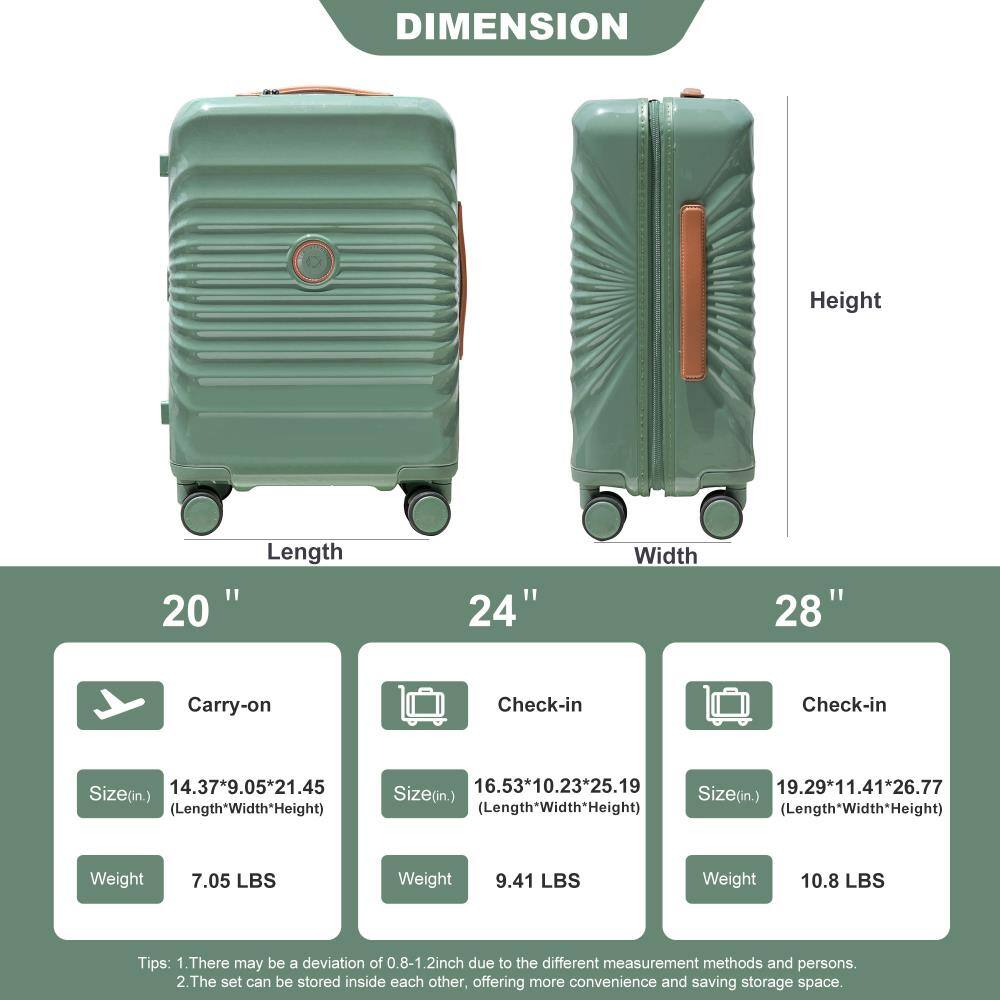 **DIMENSION**

- **Height:** 20"  
- **Length:** 24"  
- **Width:** 28"

**Carry-on**  
- Size (in.): 14.37" x 9.05" x 21.45"  
- Weight: 7.05 LBS

**Check-in**  
- Size (in.): 16.53" x 10.23" x 25.19"  
- Weight: 9.41 LBS

**Check-in**  
- Size (in.): 19.29" x 11.41" x 26.77"  
- Weight: 10.8 LBS

**Tips:**  
1. There may be a deviation of 0.8-1.2 inch due to the different measurement methods and persons.  
2. The set can be stored inside each other, offering more convenience and saving storage space.