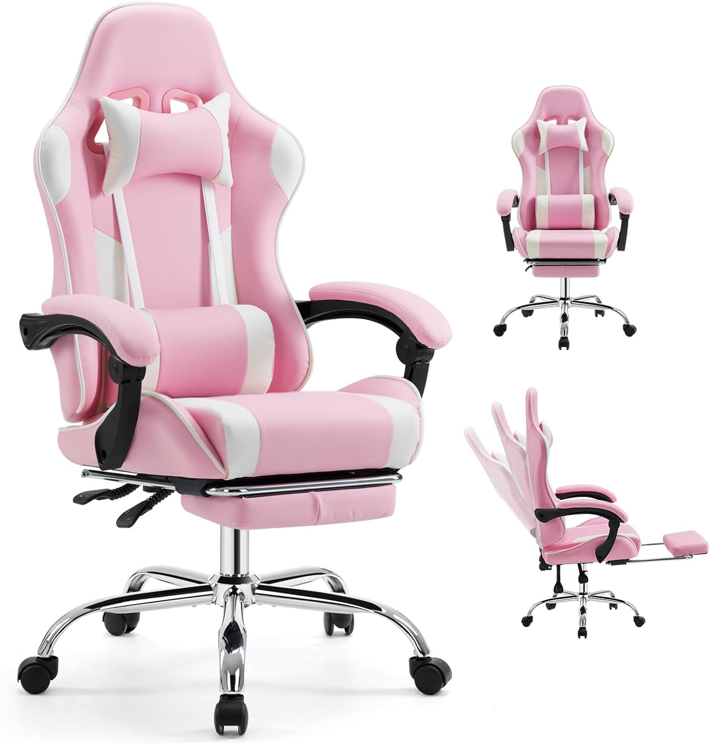 Angle. Sweet - Ergonomic Gaming Chair with Footrest and Headrest, PU Leather Height Adjustable Office Desk Chairs for Adults - Pink White.