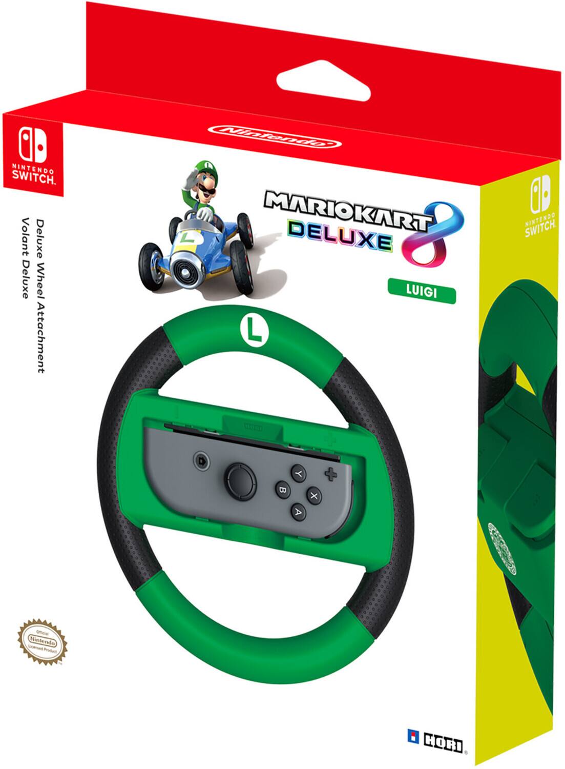 The text on the image is:

"0D NINTENDO SWITCH. Volant Deluxe Deluxe Wheel Attachment iintende MARIOKART 8 DELUXE LUIGI NINTENDO SWITCH CmD Y + x A n Nintenda Product HORI"

Corrected and grouped text:

"0D NINTENDO SWITCH. Volant Deluxe Deluxe Wheel Attachment for MARIOKART 8 DELUXE LUIGI NINTENDO SWITCH. CmD Y + x A n Nintenda Product HORI"
