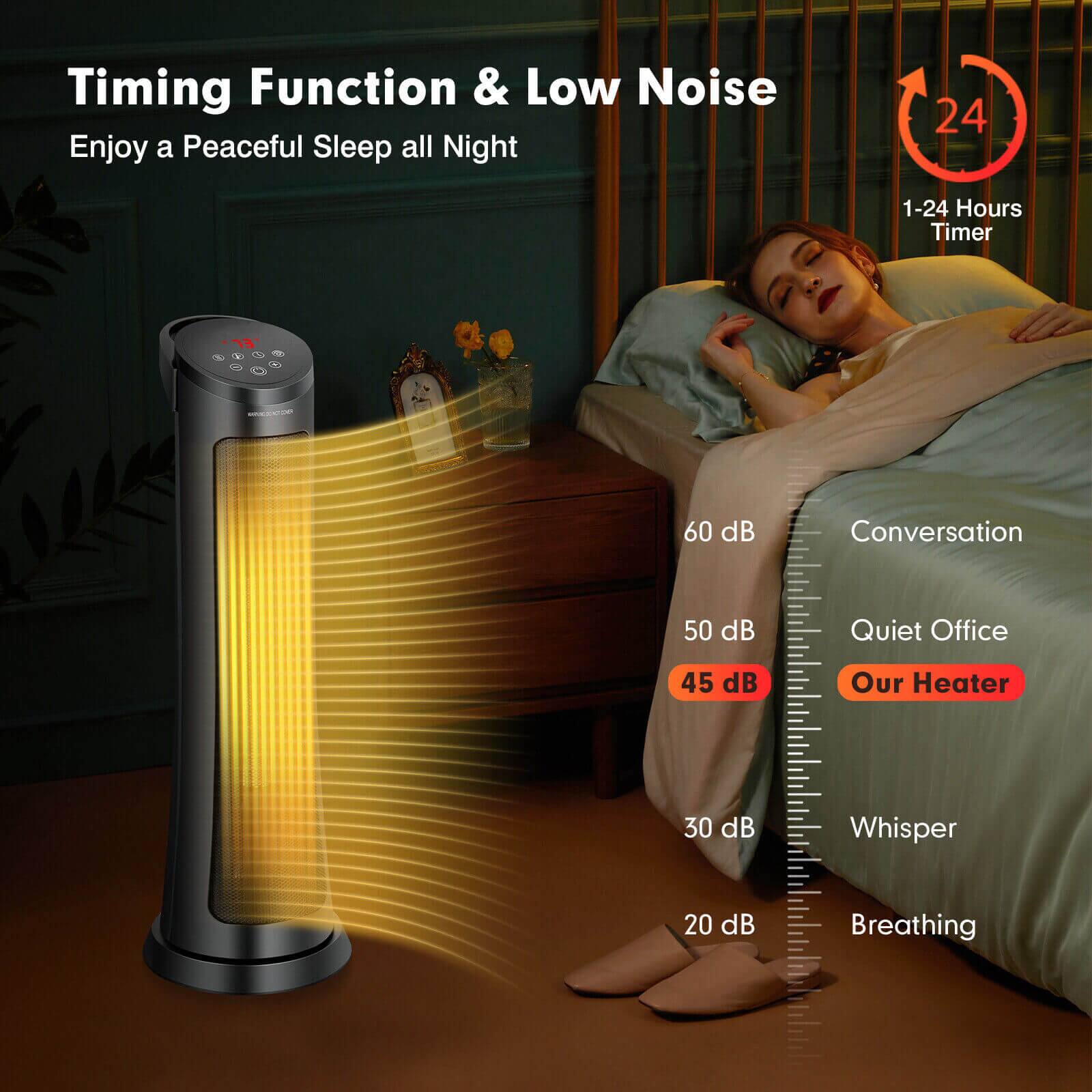 Timing Function & Low Noise  
Enjoy a Peaceful Sleep all Night  

24 1-24 Hours Timer  

60 dB Conversation  
50 dB Quiet Office  
45 dB Our Heater  
30 dB Whisper  
20 dB Breathing