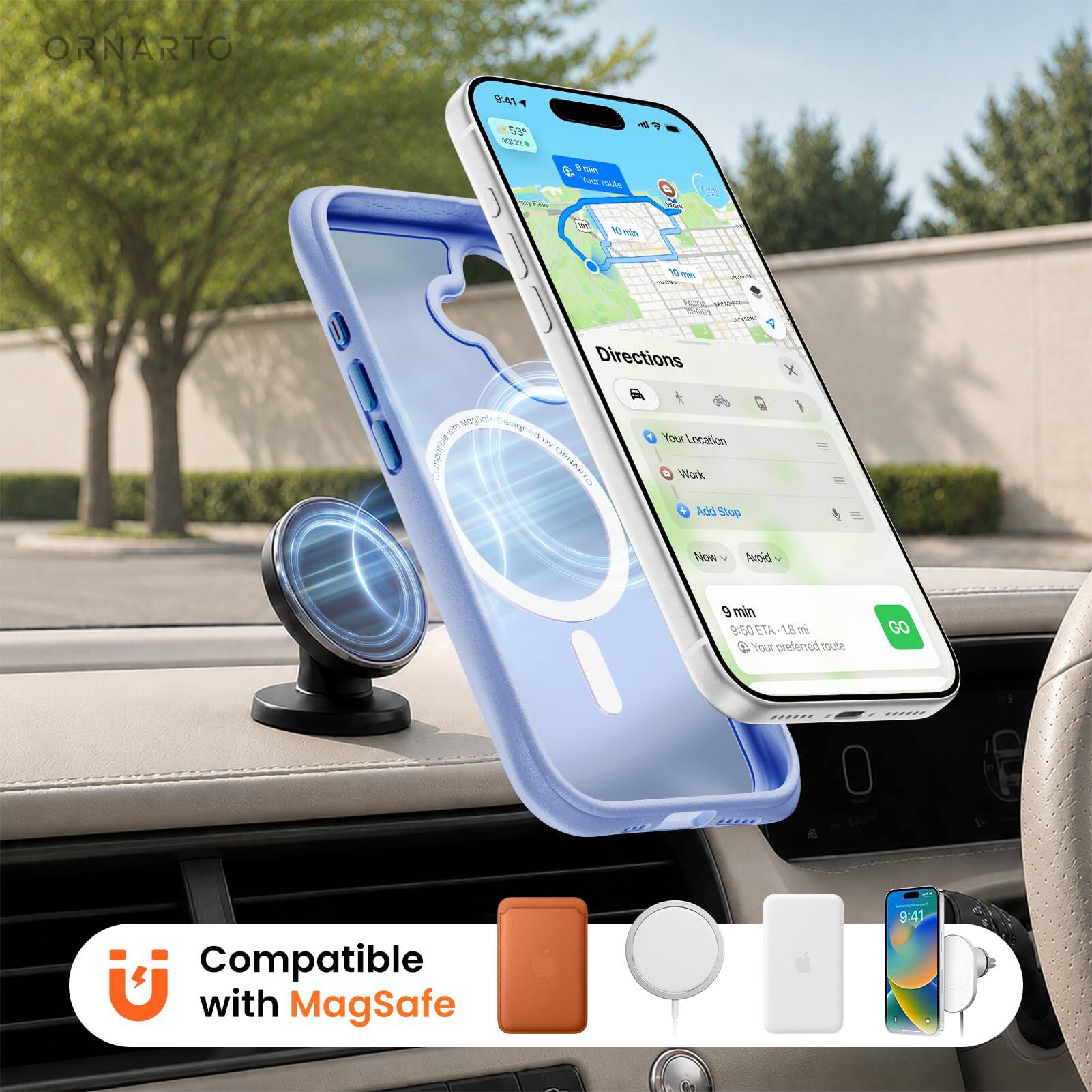 ORNARTO 94T 52 MAVE - Tuw da g 10 - 1 - WOA A Directions X ath I cegrig By E CRNACTO T Your Location Work Rdd Stop Now Avoid 9 min 9:50 ETA 18 m 4 Your preferred route GO 2222 Compatible with MagSafe 9:41