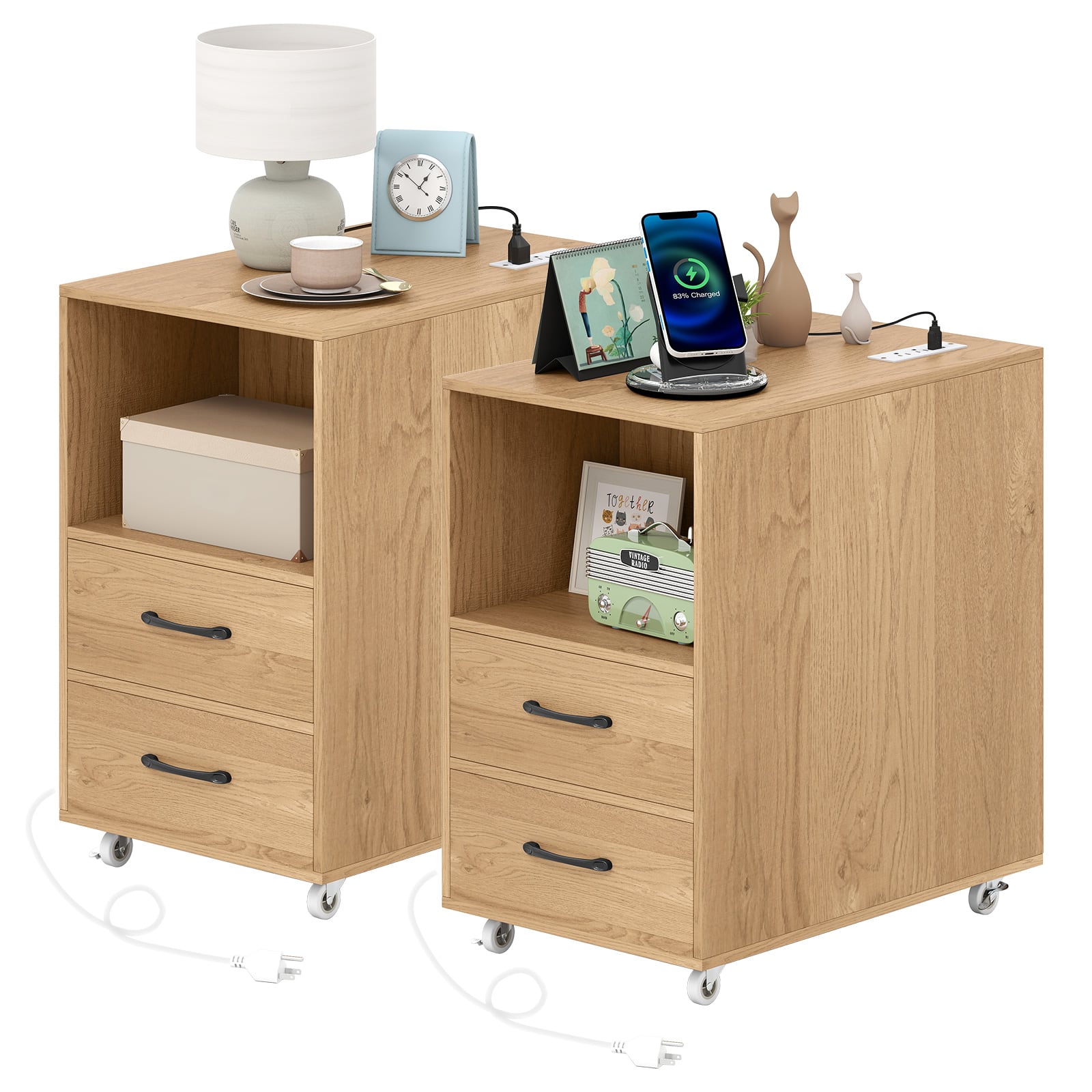 Gymax - 2PCS End Table w/Built-in Charging Station USB Ports Outlets 2 Drawers 3 Shelves - Natural