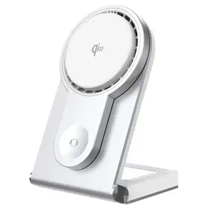 Front. SKRAN - Portable Fan-Cooled Charging Stand - Charge for Apple -Foldable 3-in-1 Wireless Charger for iPhone,Watch and Earphones - Silver.