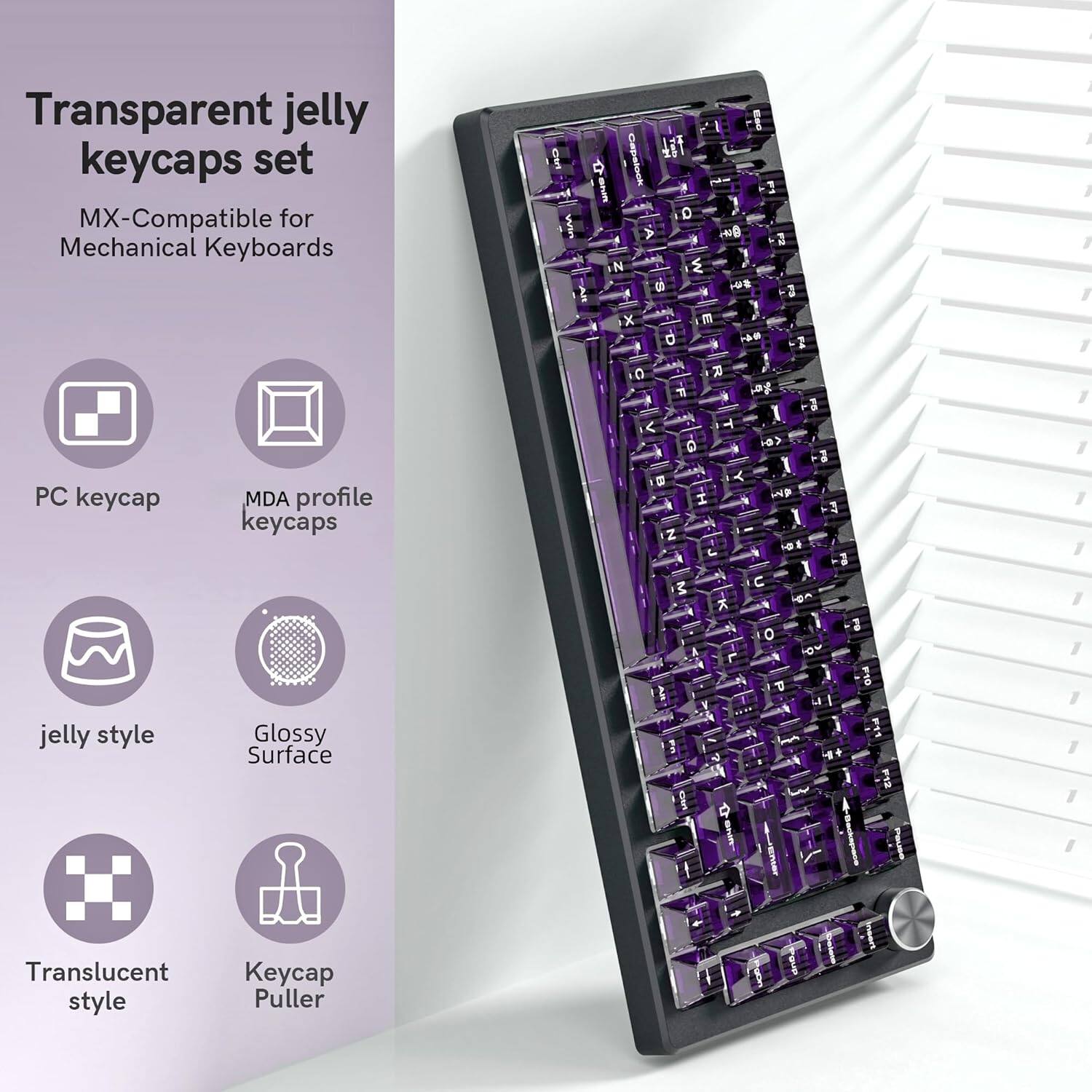 Transparent jelly keycaps set MX-Compatible for Mechanical Keyboards

- PC keycap
- MDA profile keycaps
- jelly style
- Glossy Surface
- Translucent style
- Keycap Puller