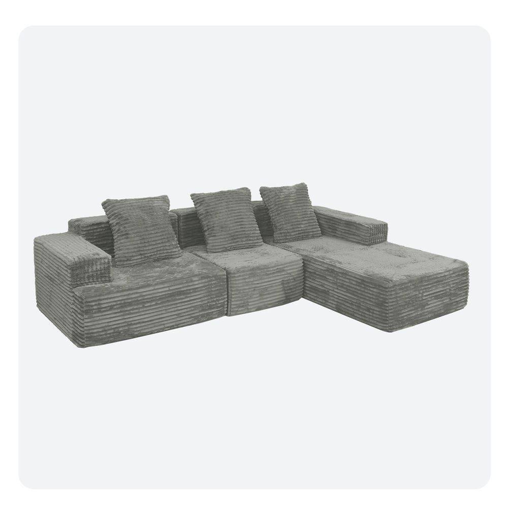 Alt View 6. Kadyn - Compression Sectional Sofa, L-Shaped Boneless Design with Chaise and Minimalist Corduroy Style, Grey - Gray.