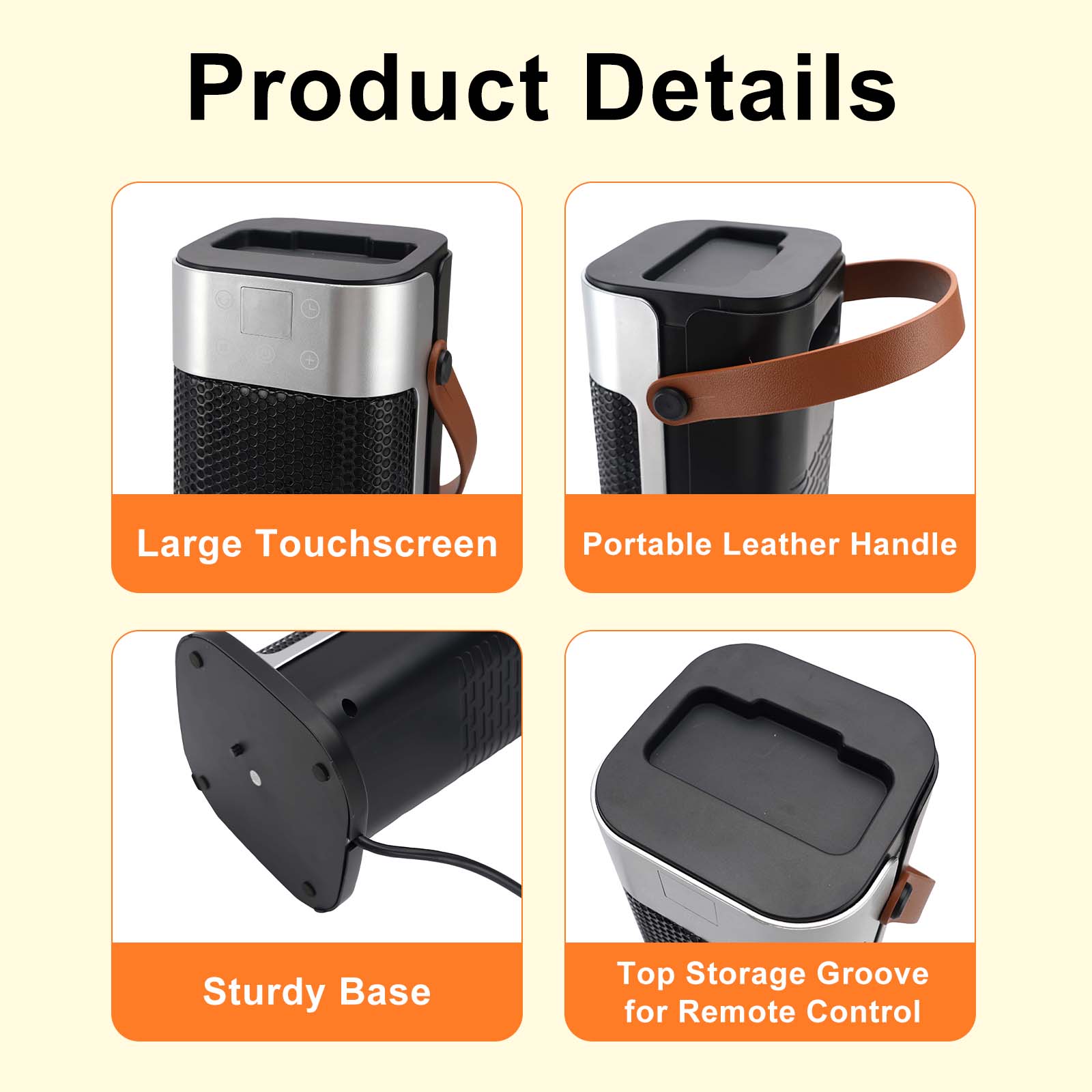 Product Details
- Large Touchscreen
- Portable Leather Handle
- Sturdy Base
- Top Storage Groove for Remote Control