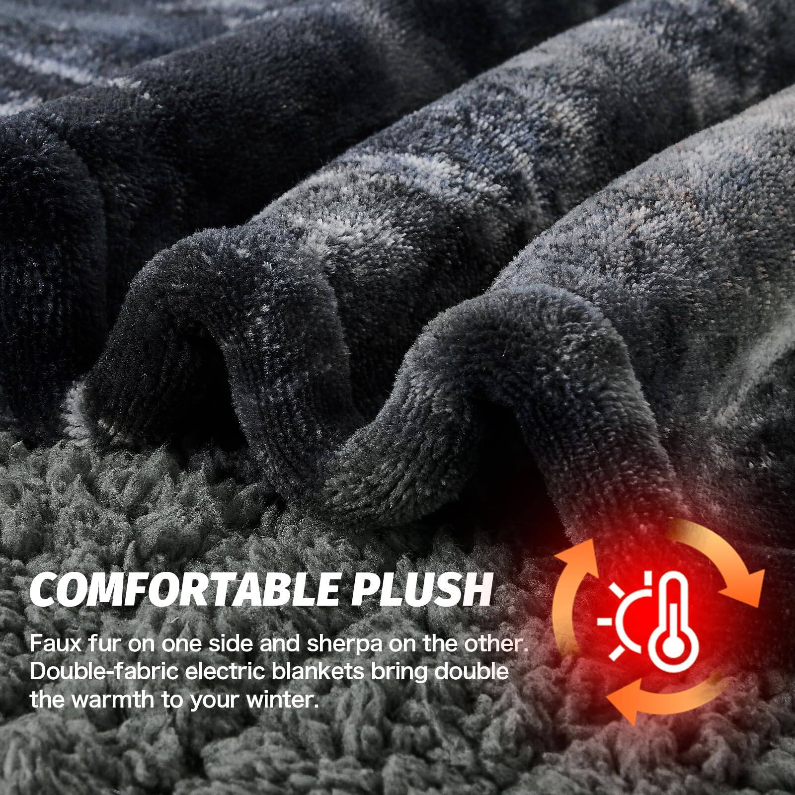 COMFORTABLE PLUSH  
Faux fur on one side and sherpa on the other.  
Double-fabric electric blankets bring double the warmth to your winter.