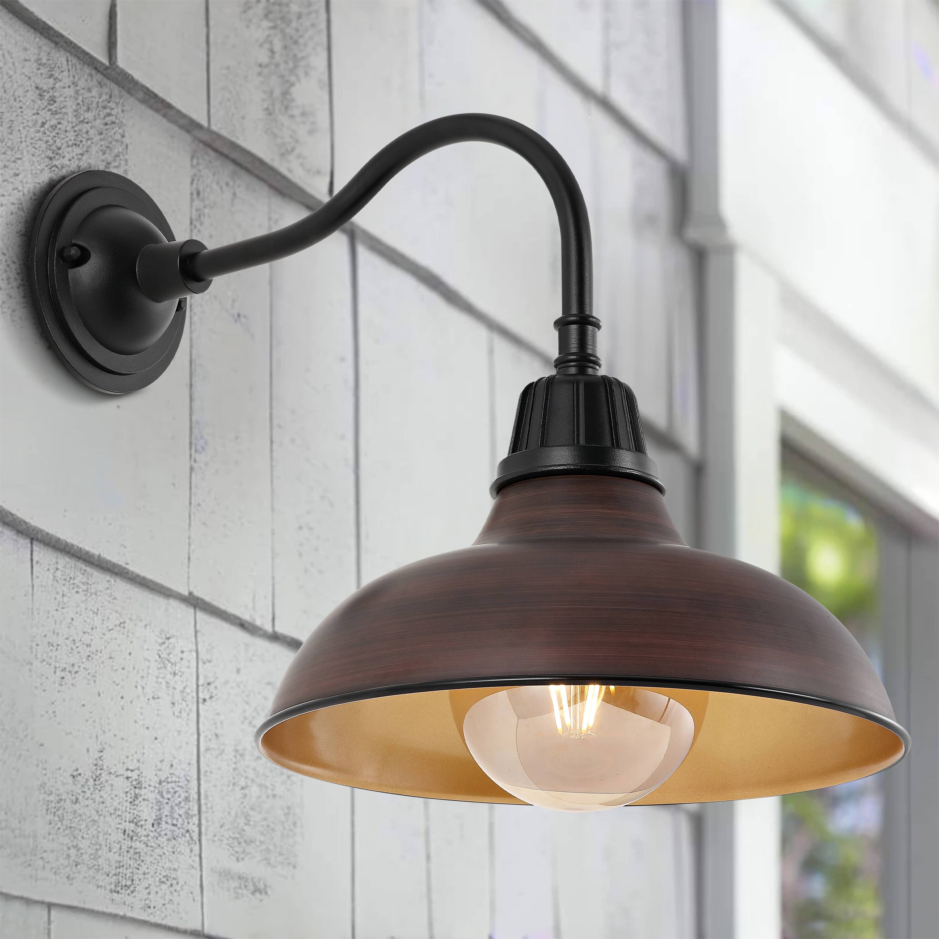 Alt View 6. Jonathan Y - Aurora 12.25" 1-Light Farmhouse Industrial Indoor/Outdoor Iron LED Gooseneck Arm Outdoor Sconce, Wood Finish/Copper - Wood Finish/Black.