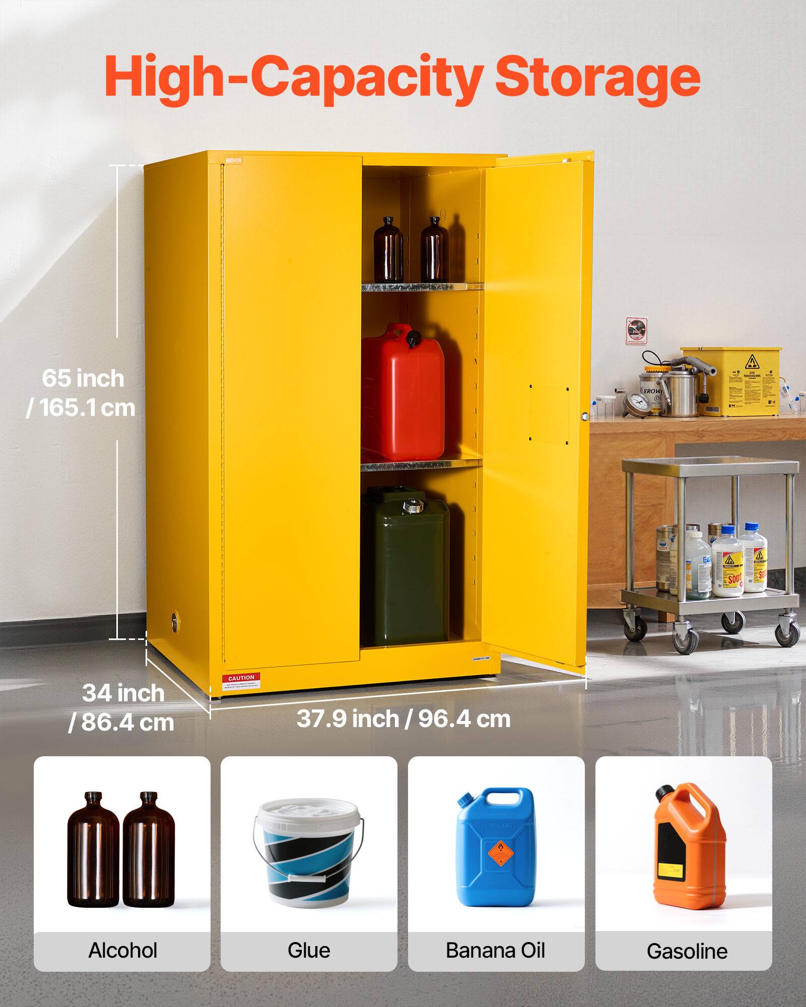 High-Capacity Storage

65 inch / 165.1 cm

34 inch / 86.4 cm

37.9 inch / 96.4 cm

- Alcohol
- Glue
- Banana Oil
- Gasoline