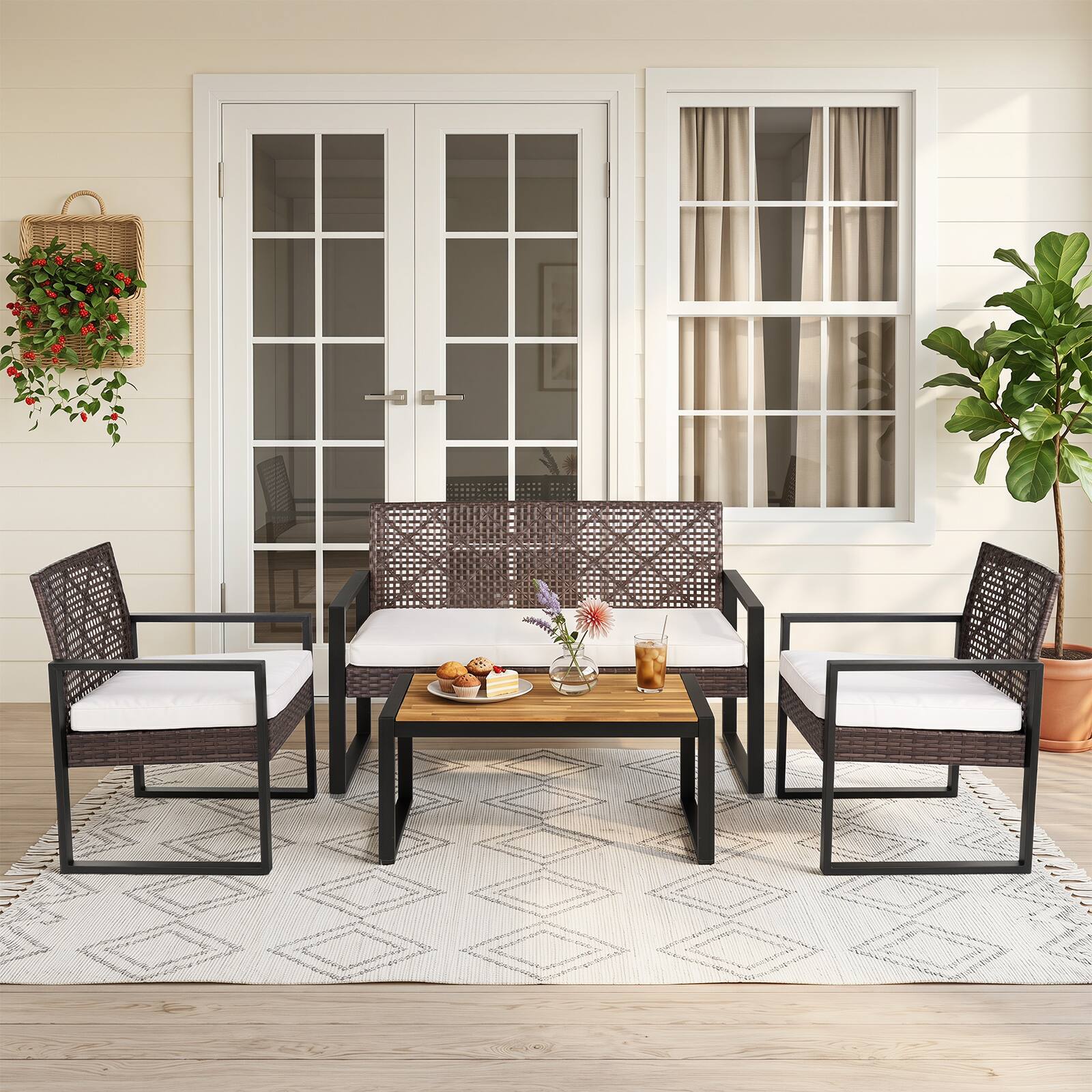 Alt View 3. Costway - Costway 4-Piece Patio Conversation Set with 2 Single Chairs Cushioned Loveseat Coffee Table - Mixed Brown + Black + White.