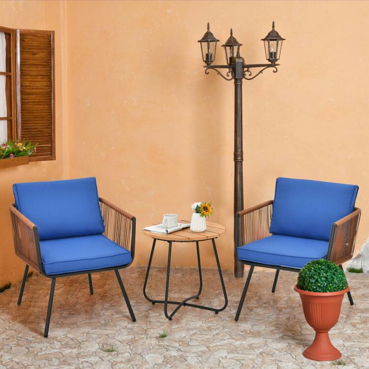Left. SlickBlue - 3-Piece Patio Bistro Set with Armrests and Soft Cushions for Outdoor Seating - Blue.