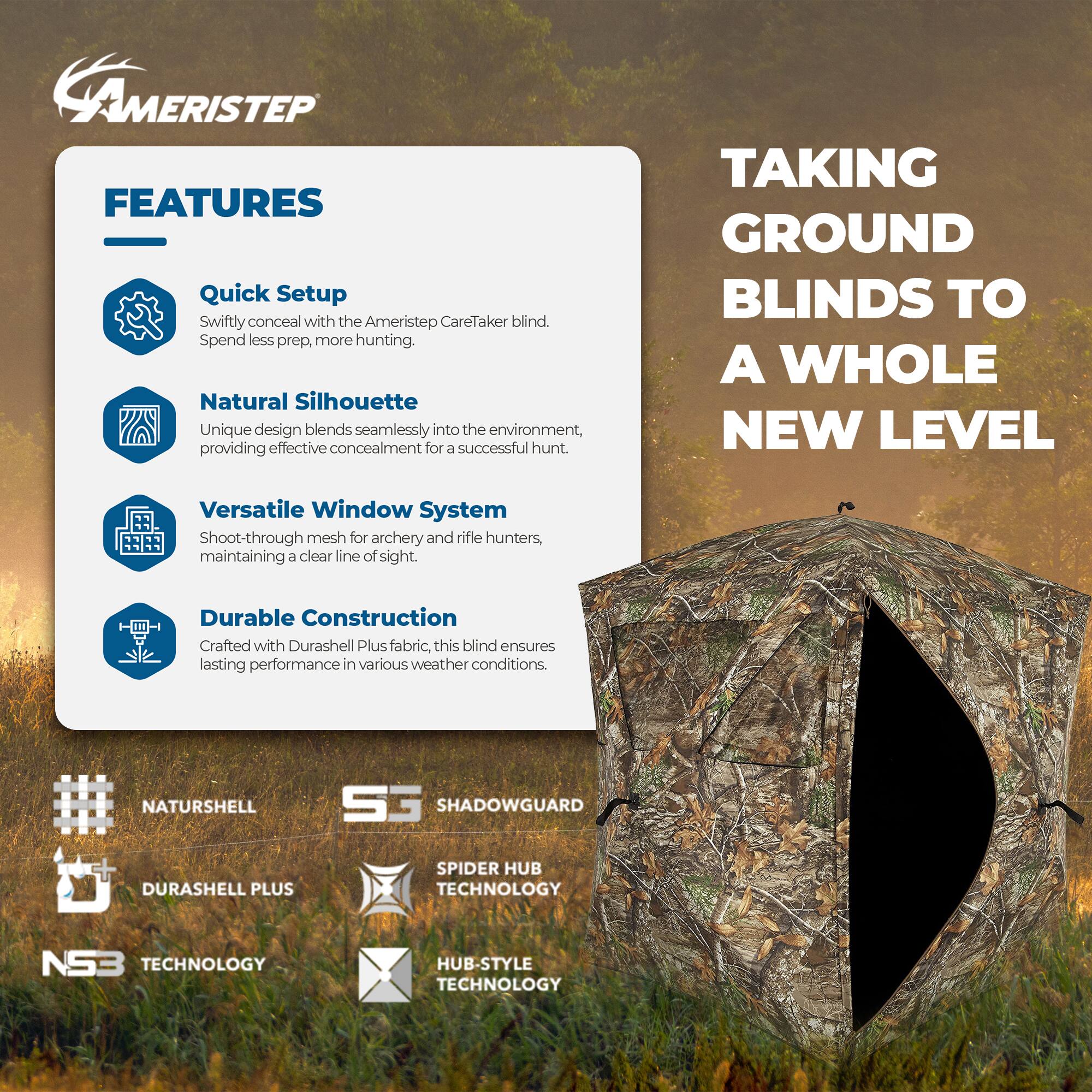 Ameristep Care Taker Pop Up 2 Person Ground Hunting Concealment Blind ...