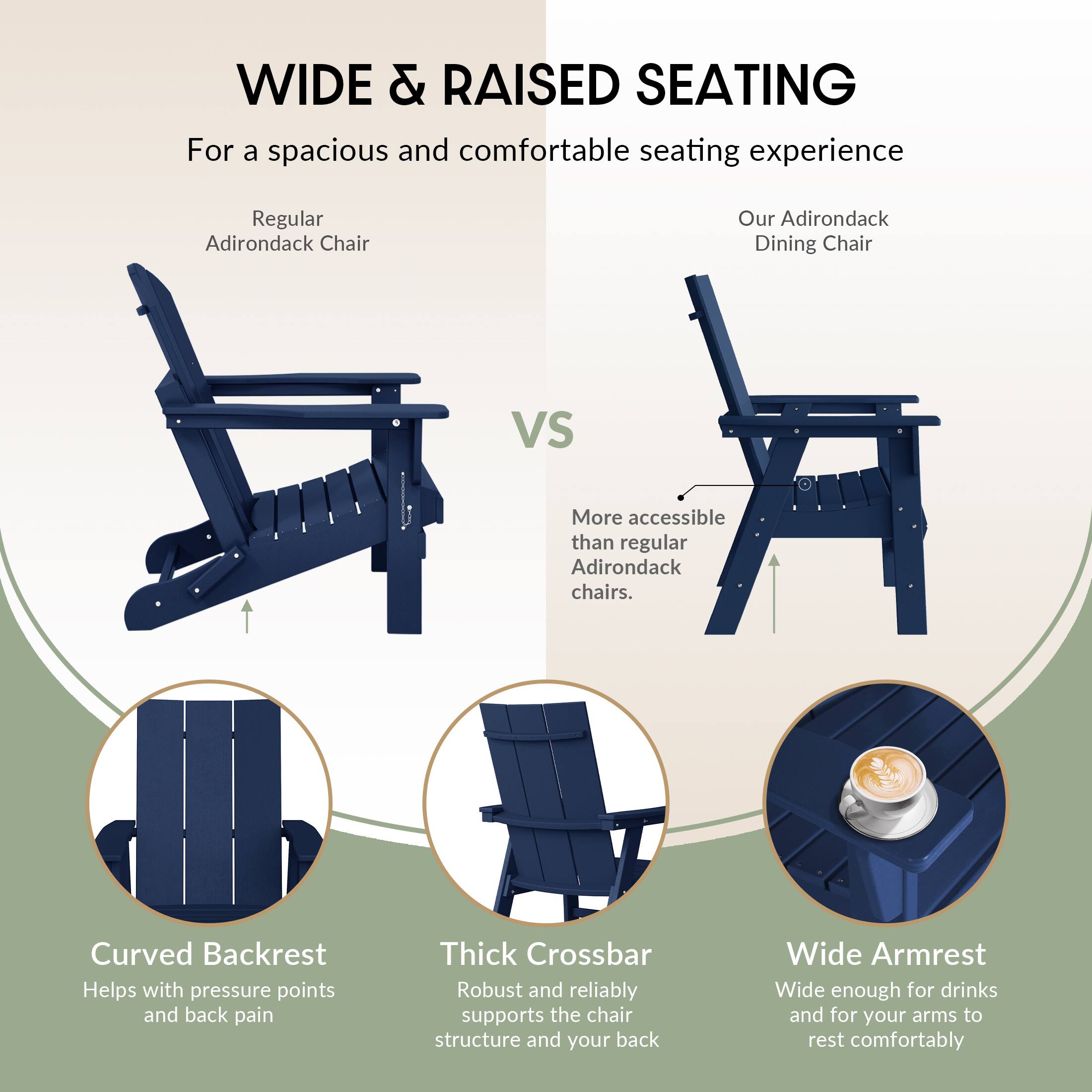 WIDE & RAISED SEATING  
For a spacious and comfortable seating experience

Regular Adirondack Chair  
VS  
Our Adirondack Dining Chair  
More accessible than regular Adirondack chairs.

- Curved Backrest  
  Helps with pressure points and back pain

- Thick Crossbar  
  Robust and reliably supports the chair structure and your back

- Wide Armrest  
  Wide enough for drinks and for your arms to rest comfortably