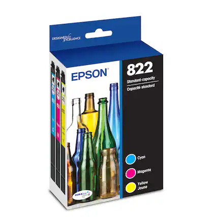 Designed for Excellence EPSON 822 Standard-capacity Cartridges: Cyan, Magenta, Yellow.