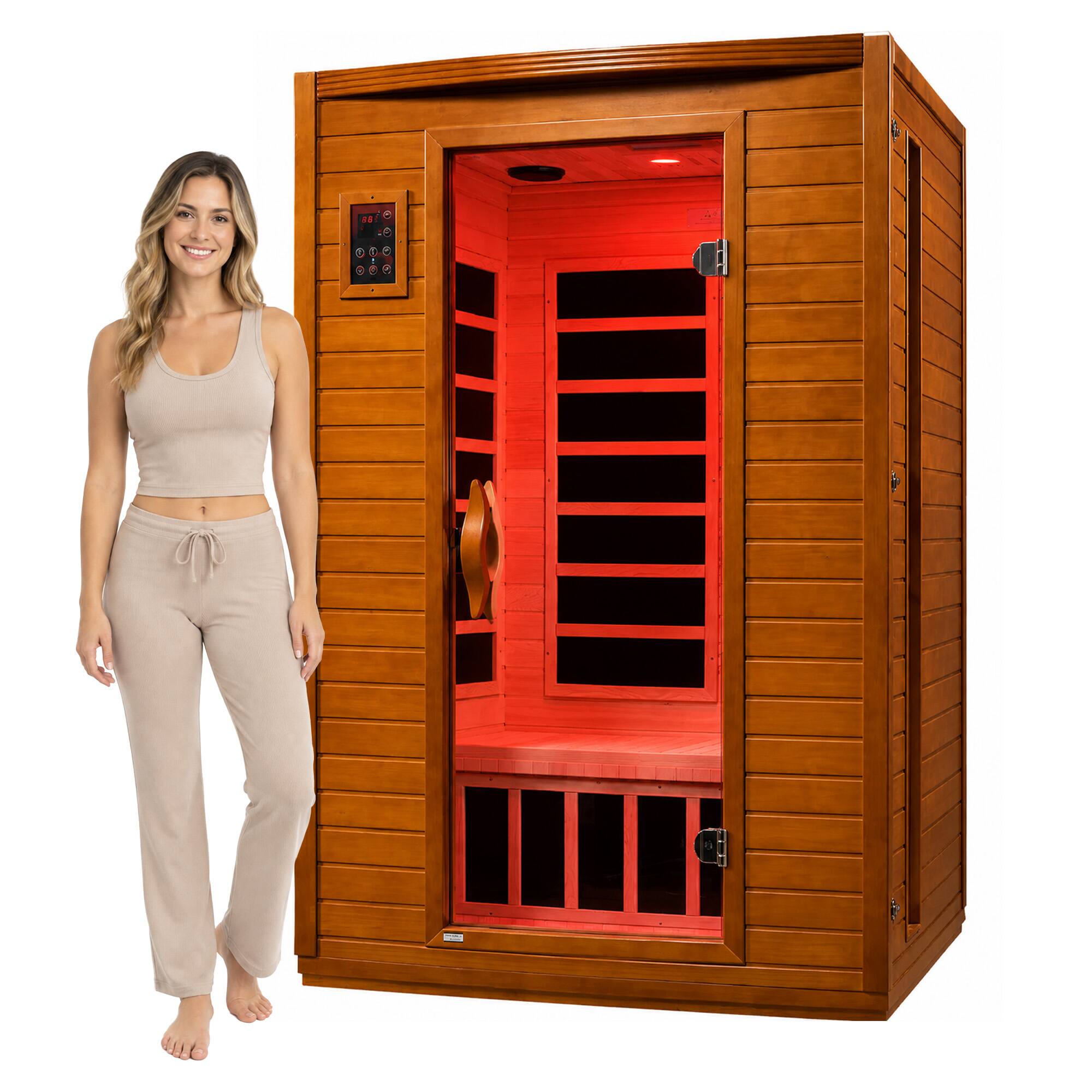 Front. Dynamic Saunas - Dynamic Saunas Andora 2-Person Low EMF FAR Infrared Sauna, Canadian Hemlock Wood - Natural Wood.