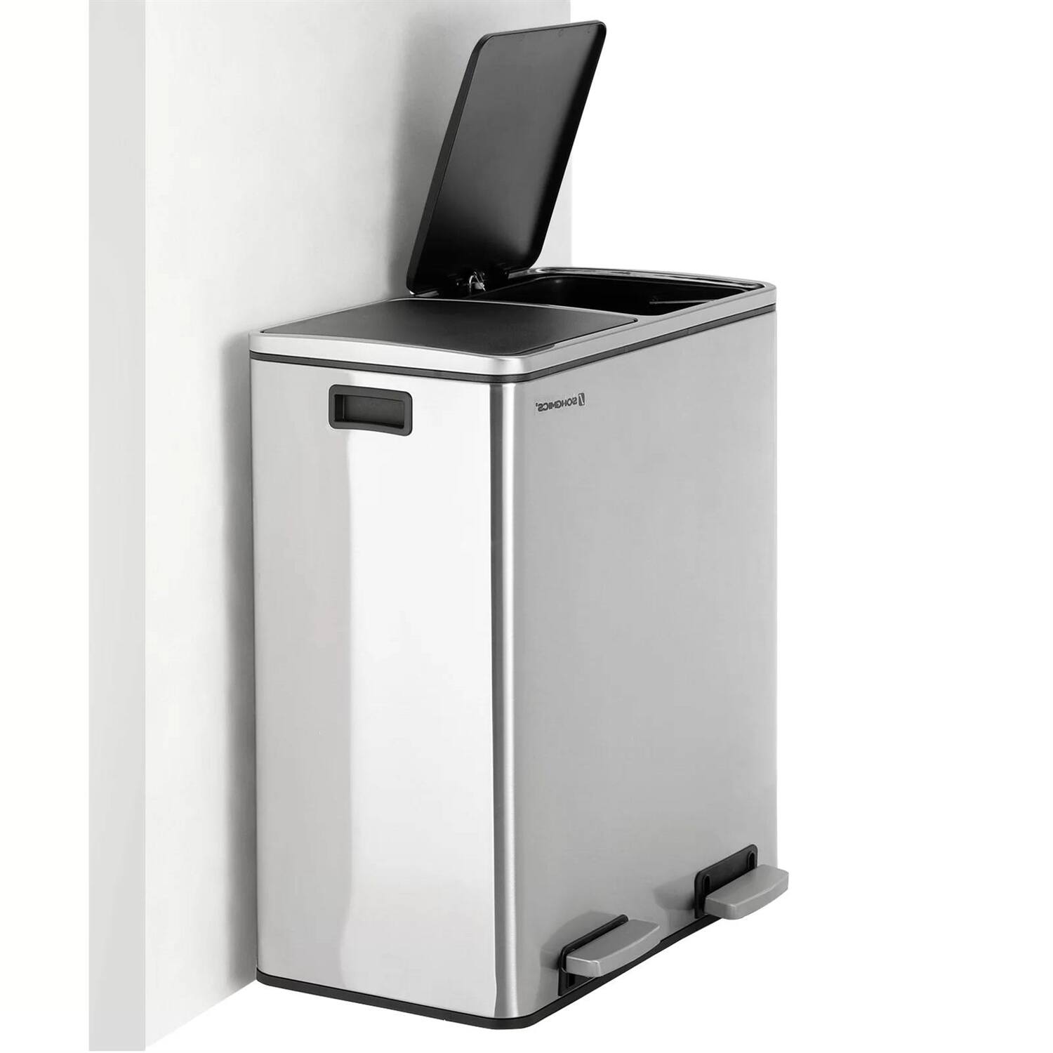 Angle. Hivvago - Dual Stainless Steel 16-Gallon Trash Can Recycle Bin with 2 Step on Pedal Lids - Silver.