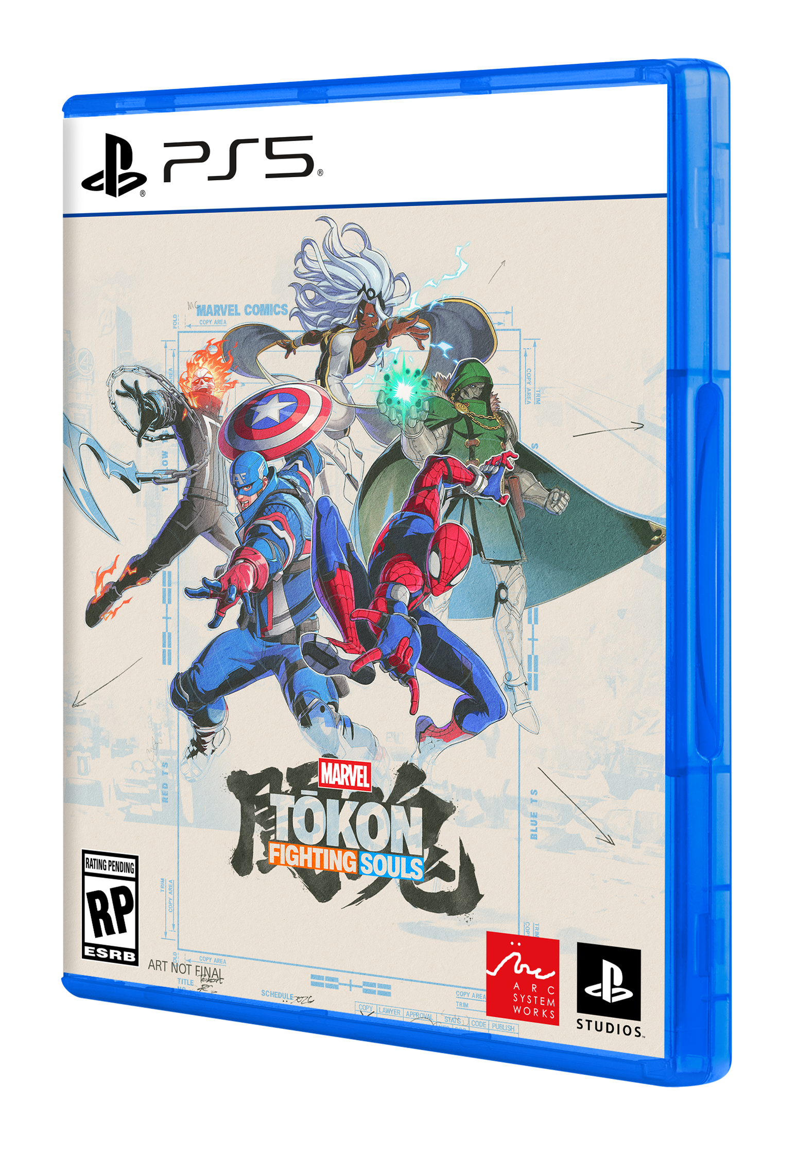 PS5  
MARVEL COMICS  
TOKON FIGHTING SOULS  
RATING PENDING  
RP  
ESRB  
ART NOT FINAL  
TITLE  
SCHEDULE  
COPY AREA  
ARC SYSTEM WORKS  
STUDIOS