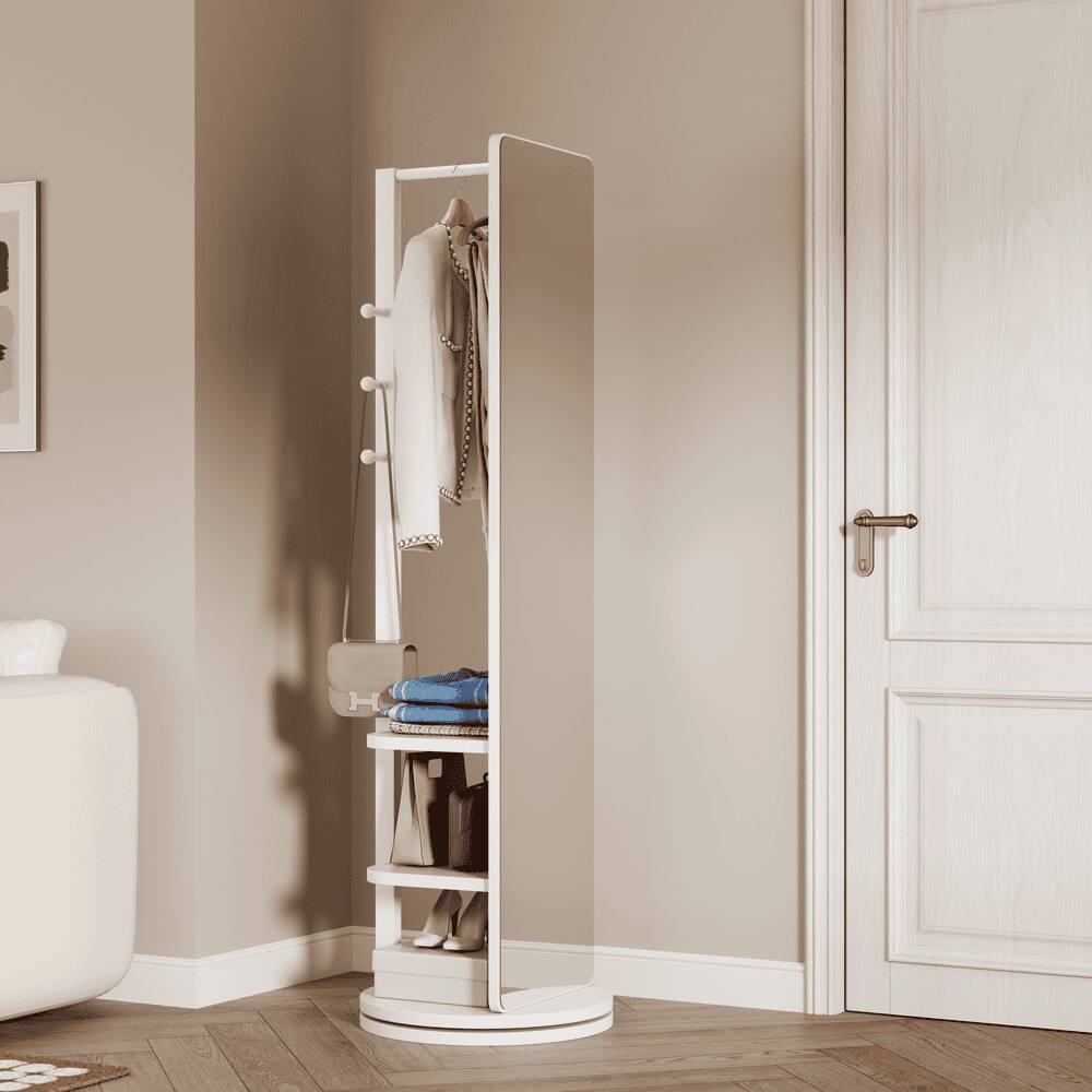 Angle. Kadyn - 66"x14" 360° Rotating Multifunctional Mirror, Solid Wood Mirror with Hook Storage & Coat Rack for Bedroom/Cloakroom.