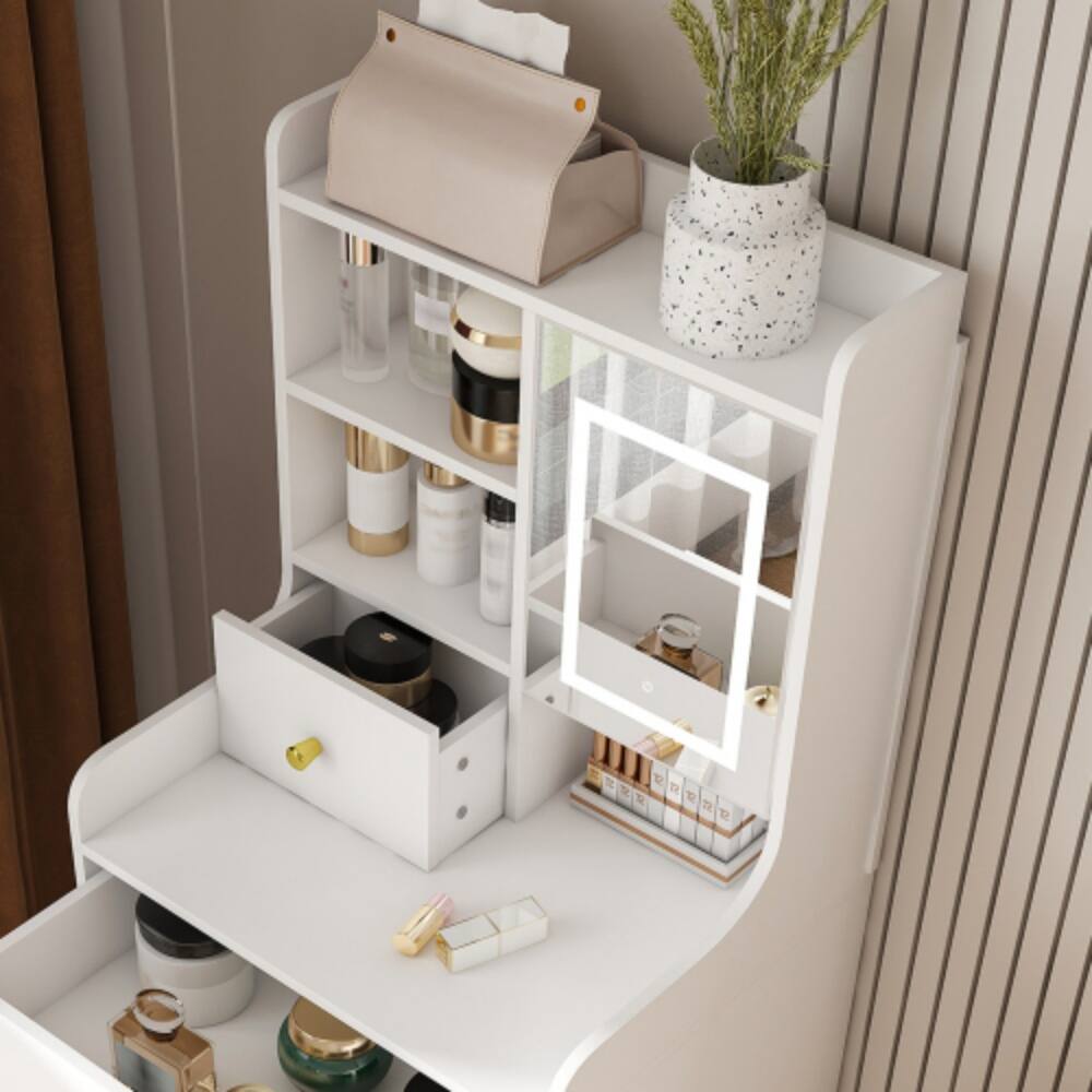 Alt View 7. LUCKY ONE - 3-in-1 Dressing Table with LED Mirror, 4 Drawers, Storage Cabinet, Open Bookshelf and Hidden Stool - White.