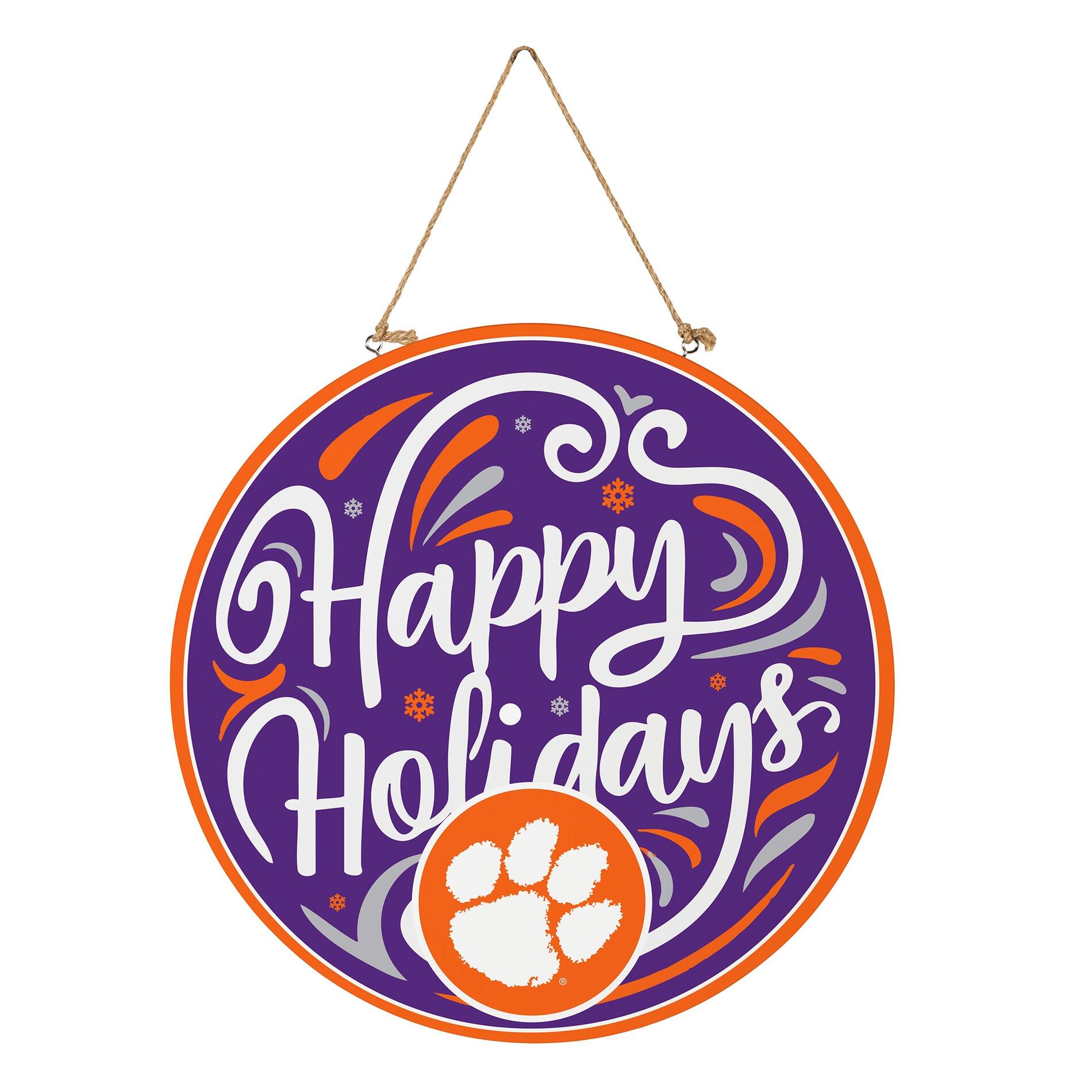 Alt View 2. Evergreen Enterprises - Clemson Tigers 18" Happy Holidays Wooden Round Door Sign - Multicolor.
