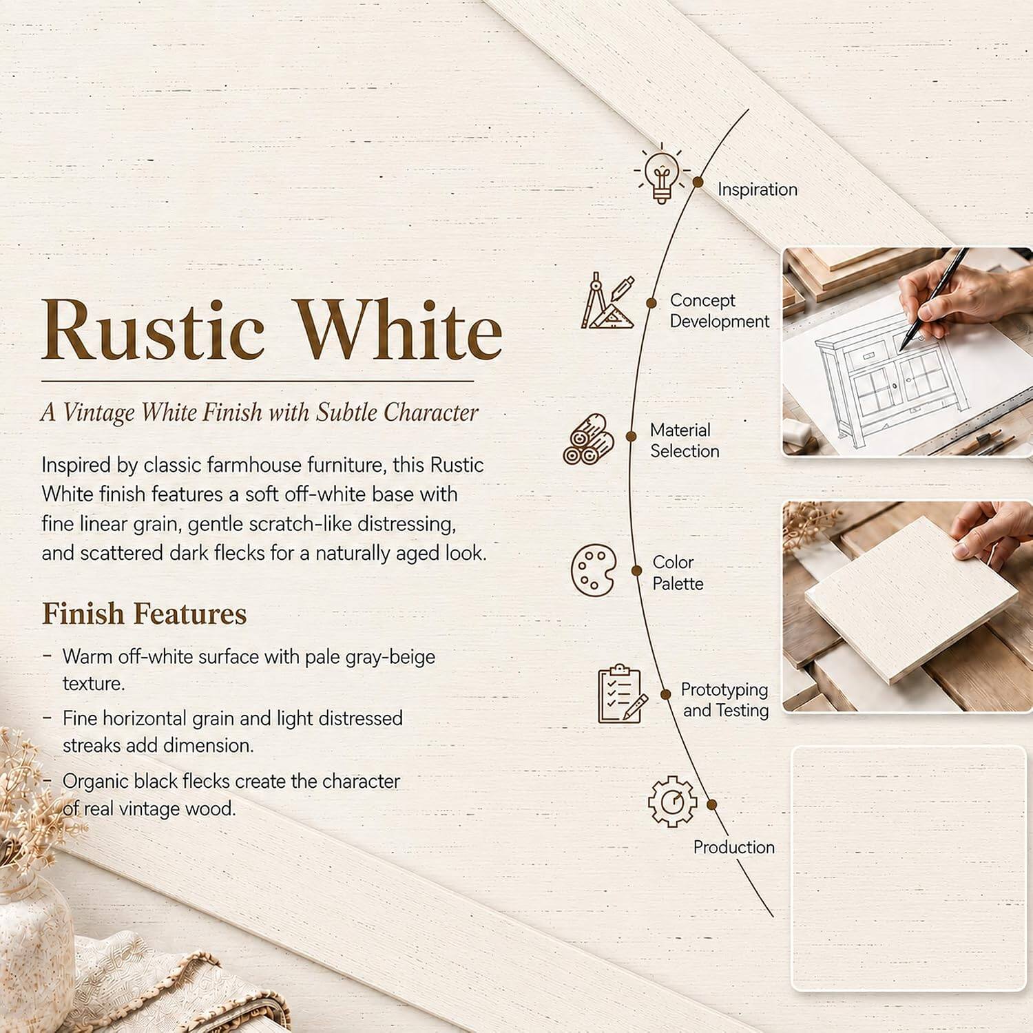 Rustic White  
A Vintage White Finish with Subtle Character  

Inspired by classic farmhouse furniture, this Rustic White finish features a soft off-white base with fine linear grain, gentle scratch-like distressing, and scattered dark flecks for a naturally aged look.  

Finish Features  
- Warm off-white surface with pale gray-beige texture.  
- Fine horizontal grain and light distressed streaks add dimension.  
- Organic black flecks create the character of real vintage wood.  

Concept Development  
Material Selection  
Color Palette  
Prototyping and Testing  
Production