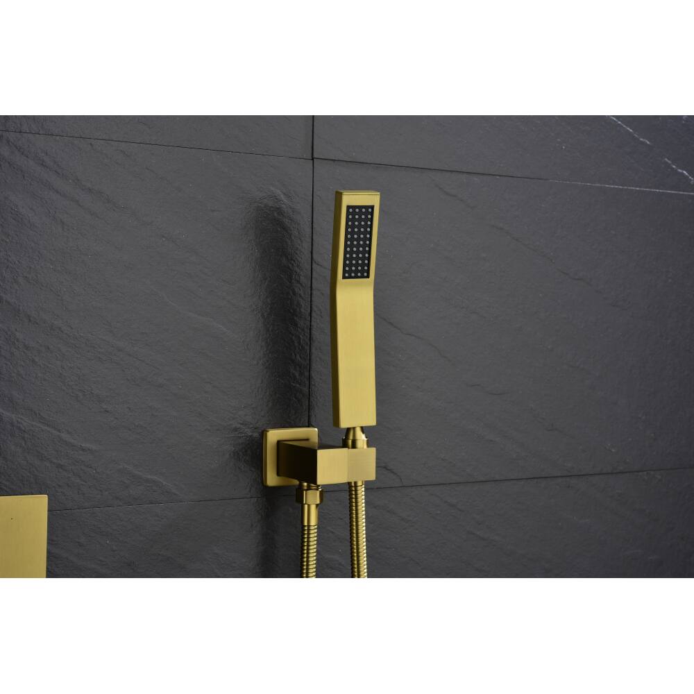 Left. JUJABU - Brushed Gold Shower System with 16 inch Shower Head and Tub Spout - Brushed Gold.