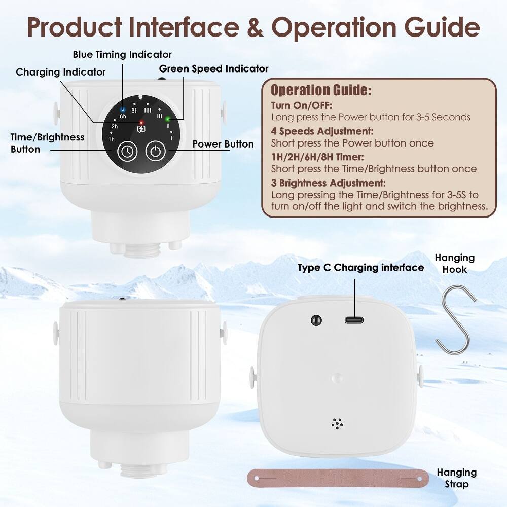 Product Interface & Operation Guide

Blue Timing Indicator
Charging Indicator
Green Speed Indicator

Operation Guide:
- Turn On/OFF: Long press the Power button for 3-5 Seconds
- 4 Speeds Adjustment: Short press the Power button once
- 1H/2H/6H/8H Timer: Short press the Time/Brightness button once
- 3 Brightness Adjustment: Long pressing the Time/Brightness for 3-5S to turn on/off the light and switch the brightness.

Type C Charging interface
Hanging Hook
Hanging Strap