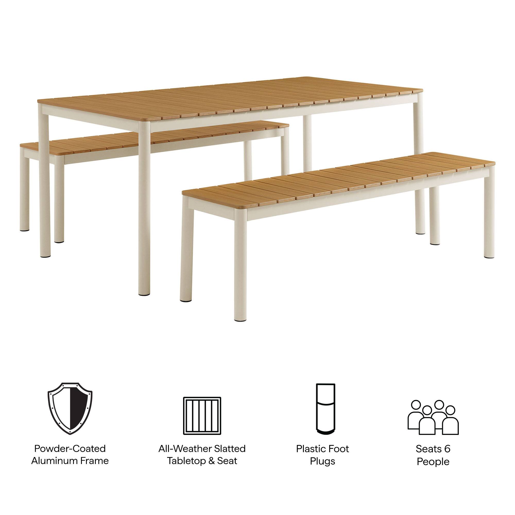 - Powder-Coated Aluminum Frame
- All-Weather Slatted Tabletop & Seat
- Plastic Foot Plugs
- Seats 6 People