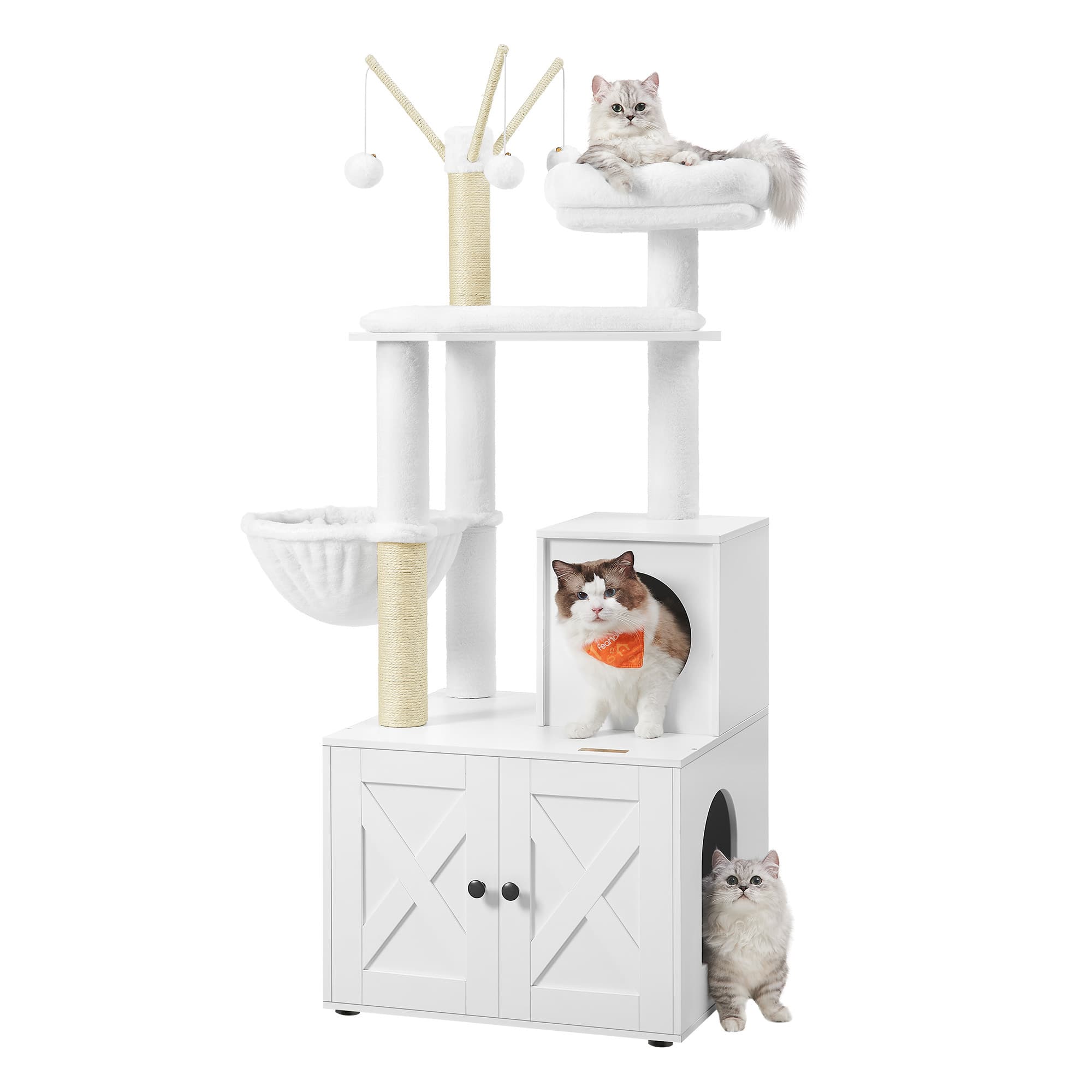 Songmics Home - Cat Tree with Litter Box Enclosure, 59-Inch Modern Cat Tower, 2-in-1 Condo with Scratching Posts - Cloud White