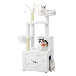 Songmics Home - Cat Tree with Litter Box Enclosure, 59-Inch Modern Cat Tower, 2-in-1 Condo with Scratching Posts - Cloud White