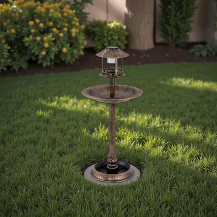 Front. BreeBe - Outdoor Solar Bird Bath Stand with Built-in Feeder and Planter Bowl – Lighted Garden Decor Piece - Bronze.