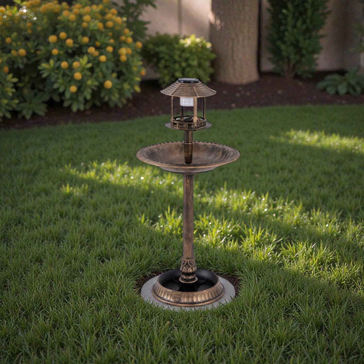 Front. BreeBe - Outdoor Solar Bird Bath Stand with Built-in Feeder and Planter Bowl – Lighted Garden Decor Piece - Bronze.