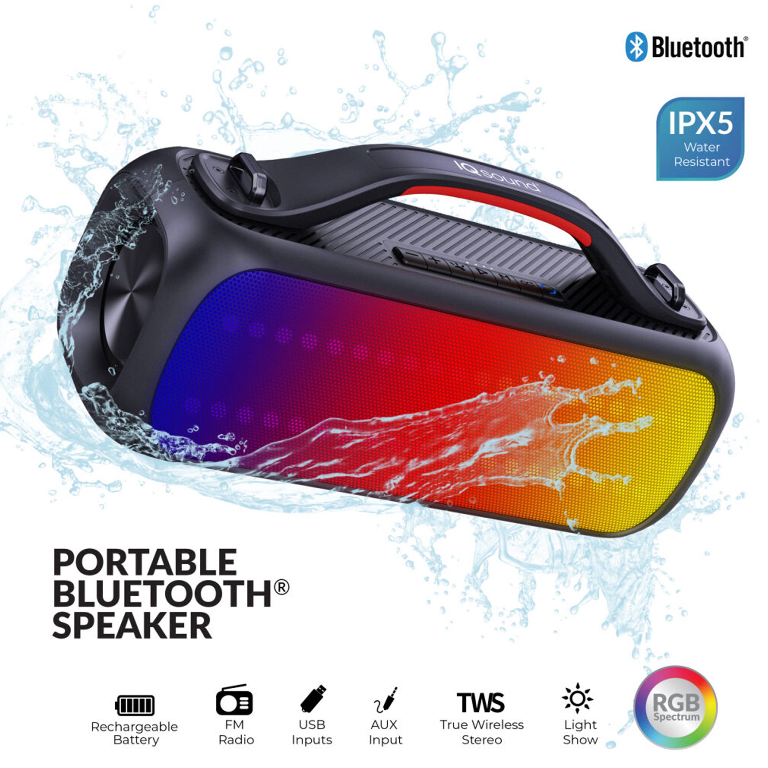 Bluetooth sound IPX5 Water Resistant AREES PORTABLE BLUETOOTH SPEAKER Rechargeable Battery FM Radio USB Inputs 2 AUX Input TWS True Wireless Stereo Light Show RGB Spectrum