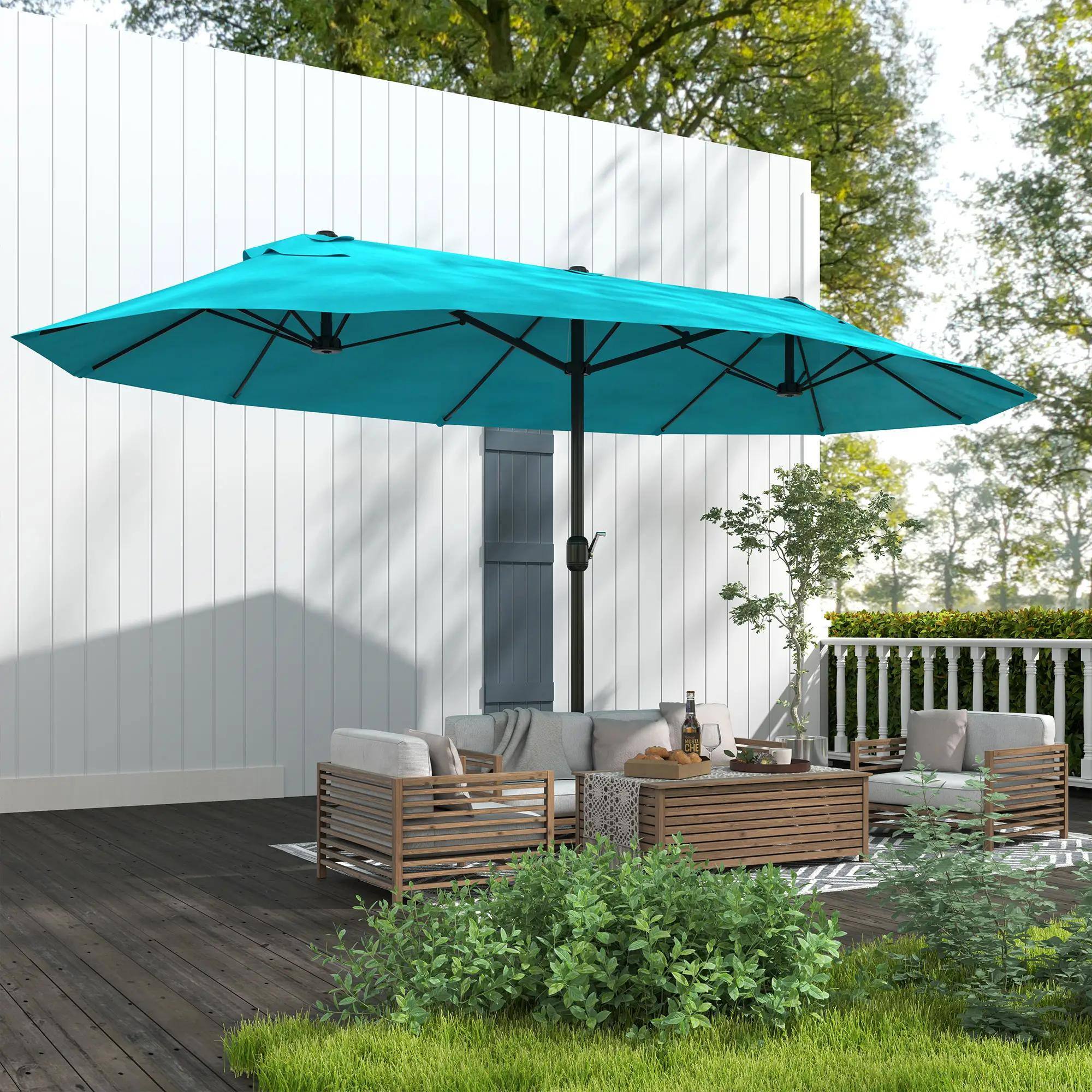 Alt View 4. Spaco - Spaco 15Ft Double-Sided Rectangular Patio Umbrella, Crank Shade with Base - Blue.