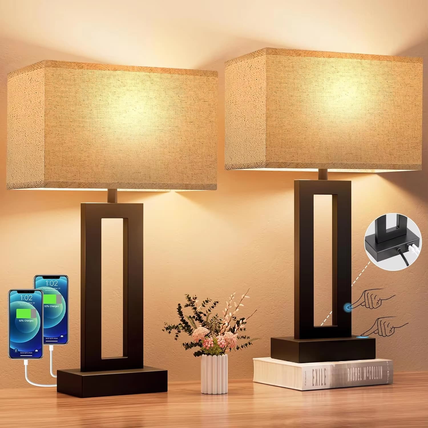 Luckbyte - Touch Control Dimmable Bedside Lamps with USB C A Charging Ports LED Bulbs Included Nightstand Lamps - Brown