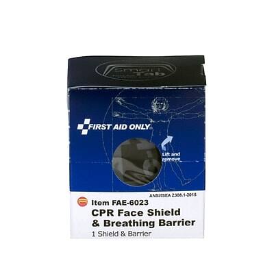 Sure, here is the corrected and grouped text:

---

**Smal Tab**

**FIRST AID ONLY**

**Lift and remove**

**Item FAE-6023**

**CPR Face Shield & Breathing Barrier**

**1 Shield & Barrier**

**ANSUSEA 2308.1-2015**

**ANHISEA 2003-12015**