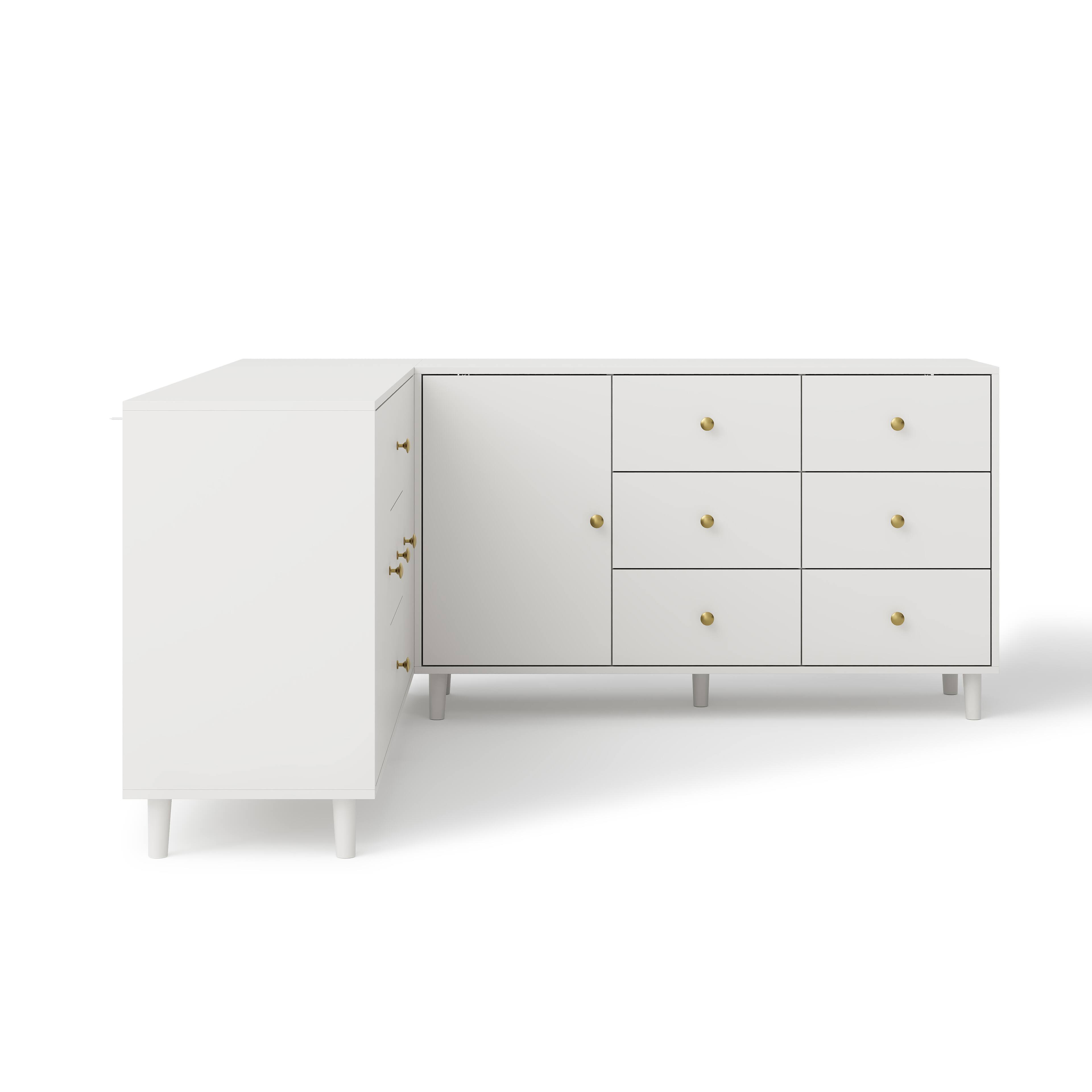 Back. Famapy - L-Shaped Corner Dresser with 9 Drawers & Cabinet Storage, Large Bedroom Organizer with Display Top - White.