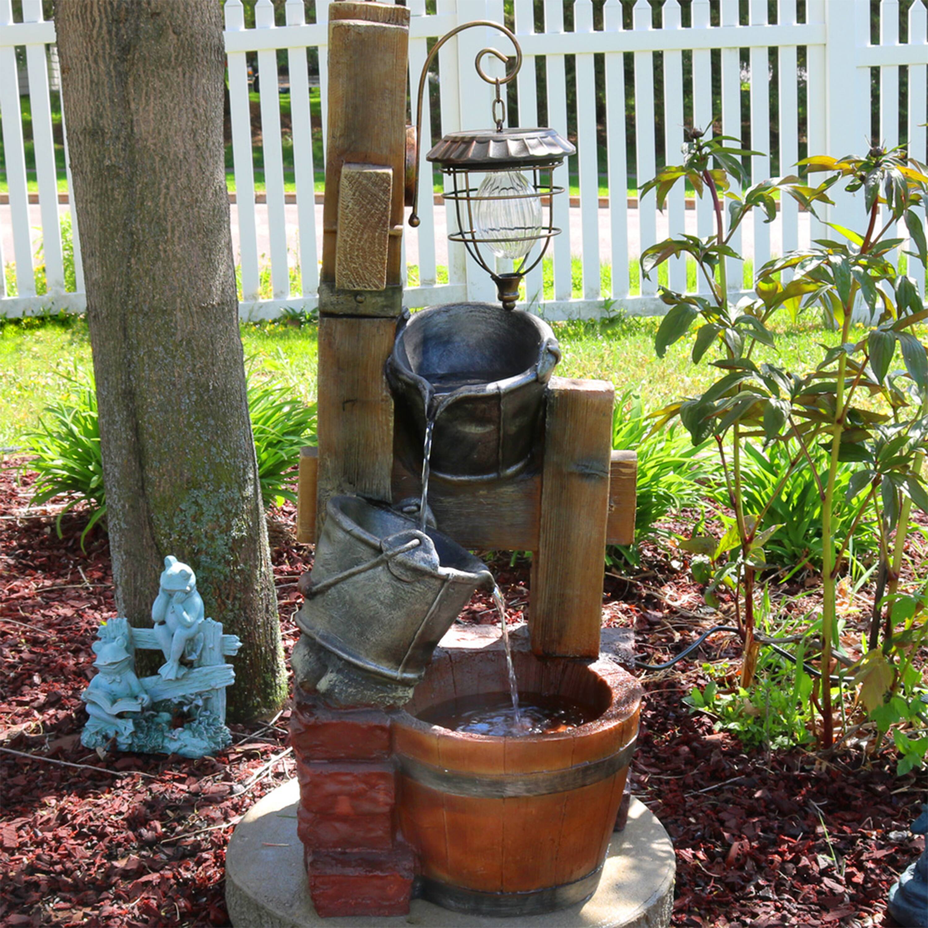Alt View 3. Sunnydaze - Rustic Pouring Buckets Water Fountain and Solar Lantern - 34 in - Brown.