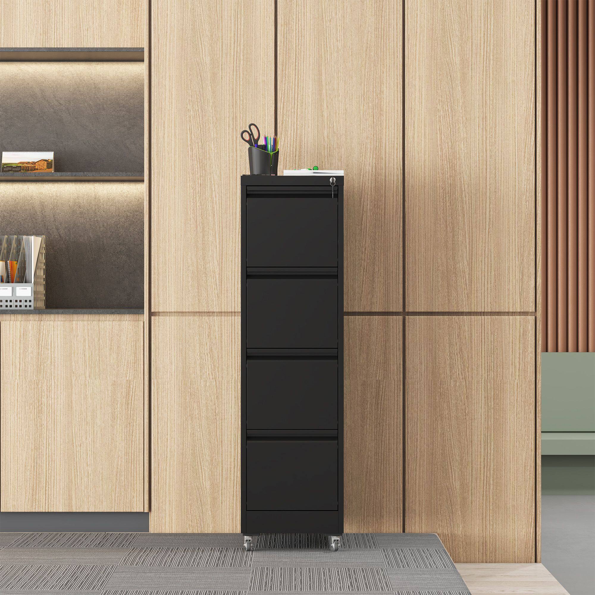 Angle. Mirfee - 4-Drawer Locking Vertical File Cabinet on Wheels, Heavy-Duty - Black.