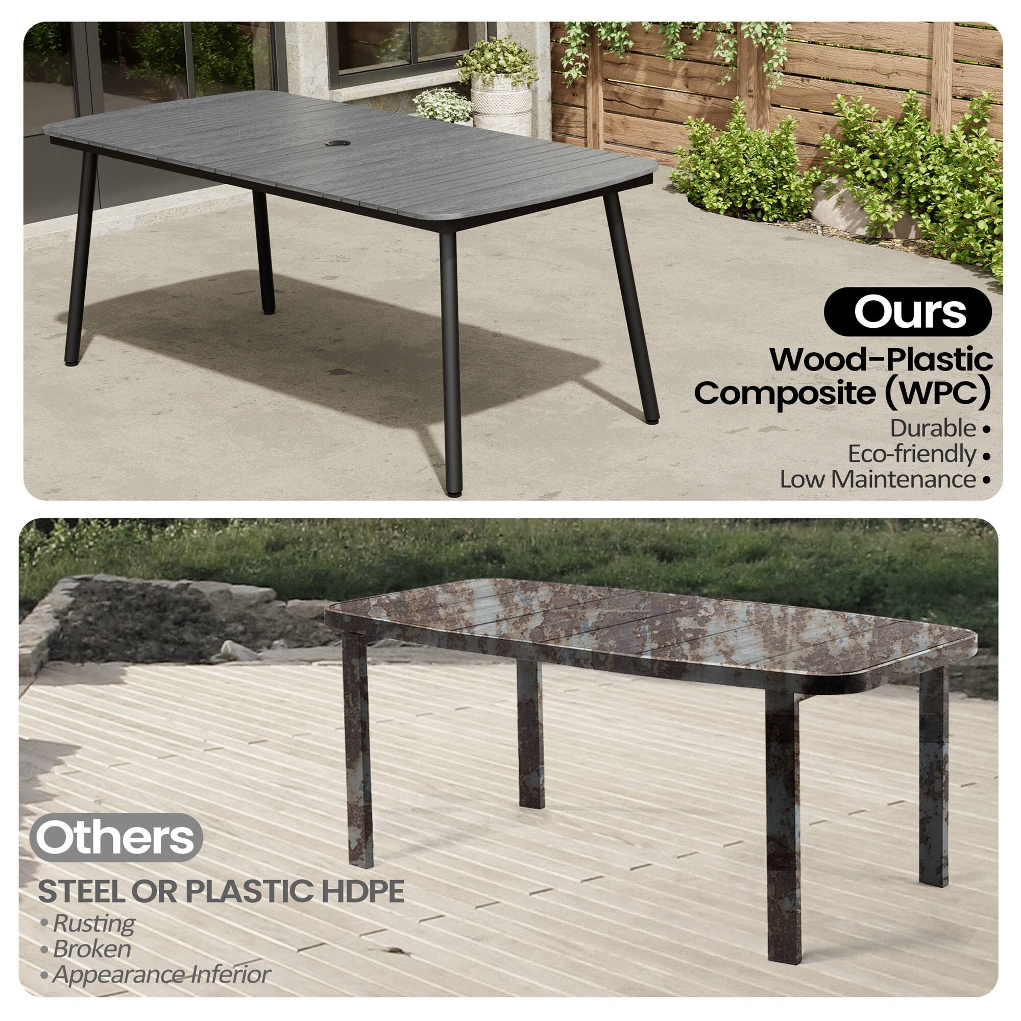 **Ours**

Wood-Plastic Composite (WPC)

- Durable
- Eco-friendly
- Low Maintenance

**Others**

STEEL OR PLASTIC HDPE

- Rusting
- Broken
- Appearance Inferior