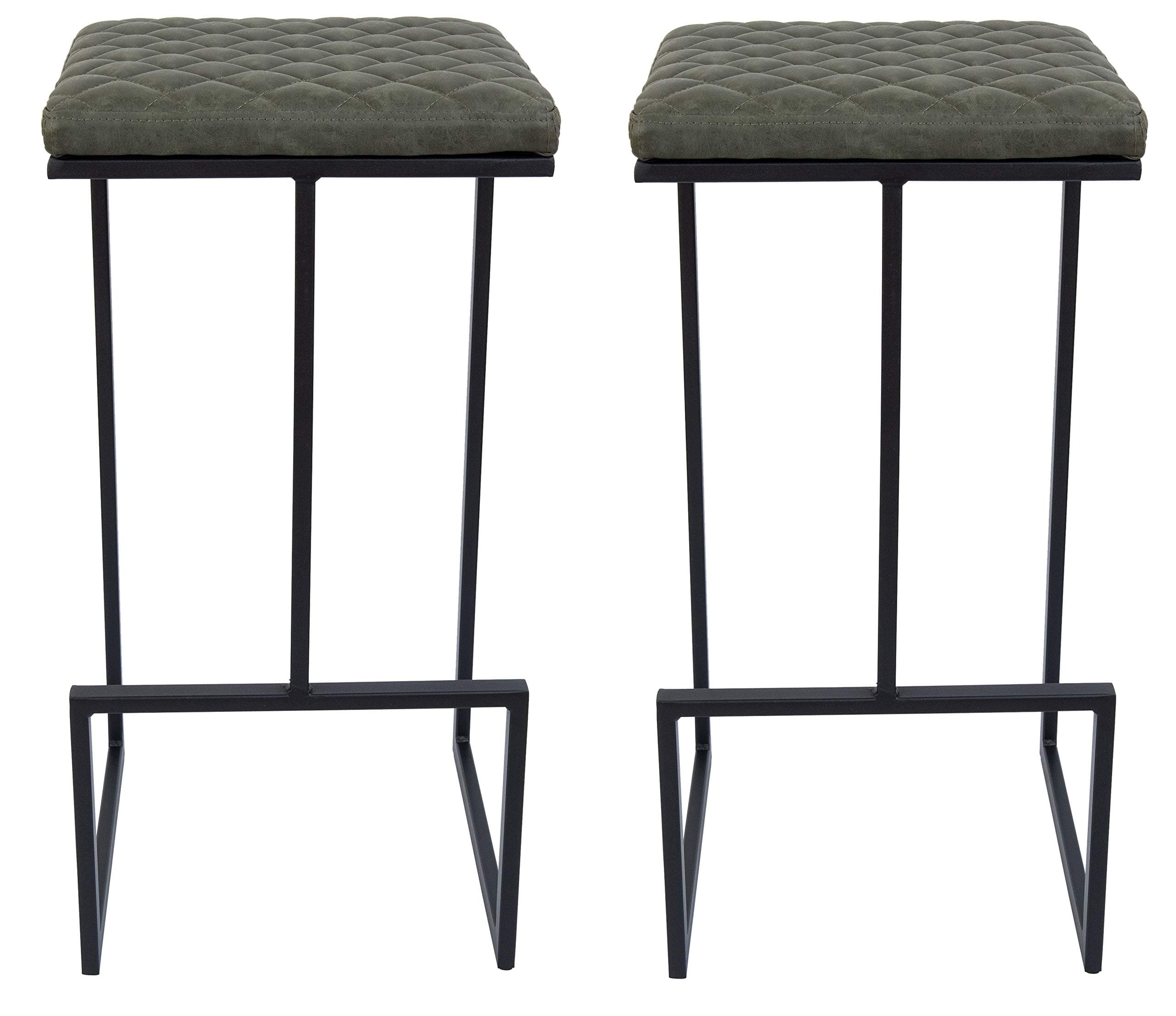 Front. LeisureMod - Quincy Modern Quilted Leather Bar Stool with Black Metal Frame Counter Height Chair Set of 2 - Olive Green.