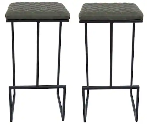 Front. LeisureMod - Quincy Modern Quilted Leather Bar Stool with Black Metal Frame Counter Height Chair Set of 2 - Olive Green.