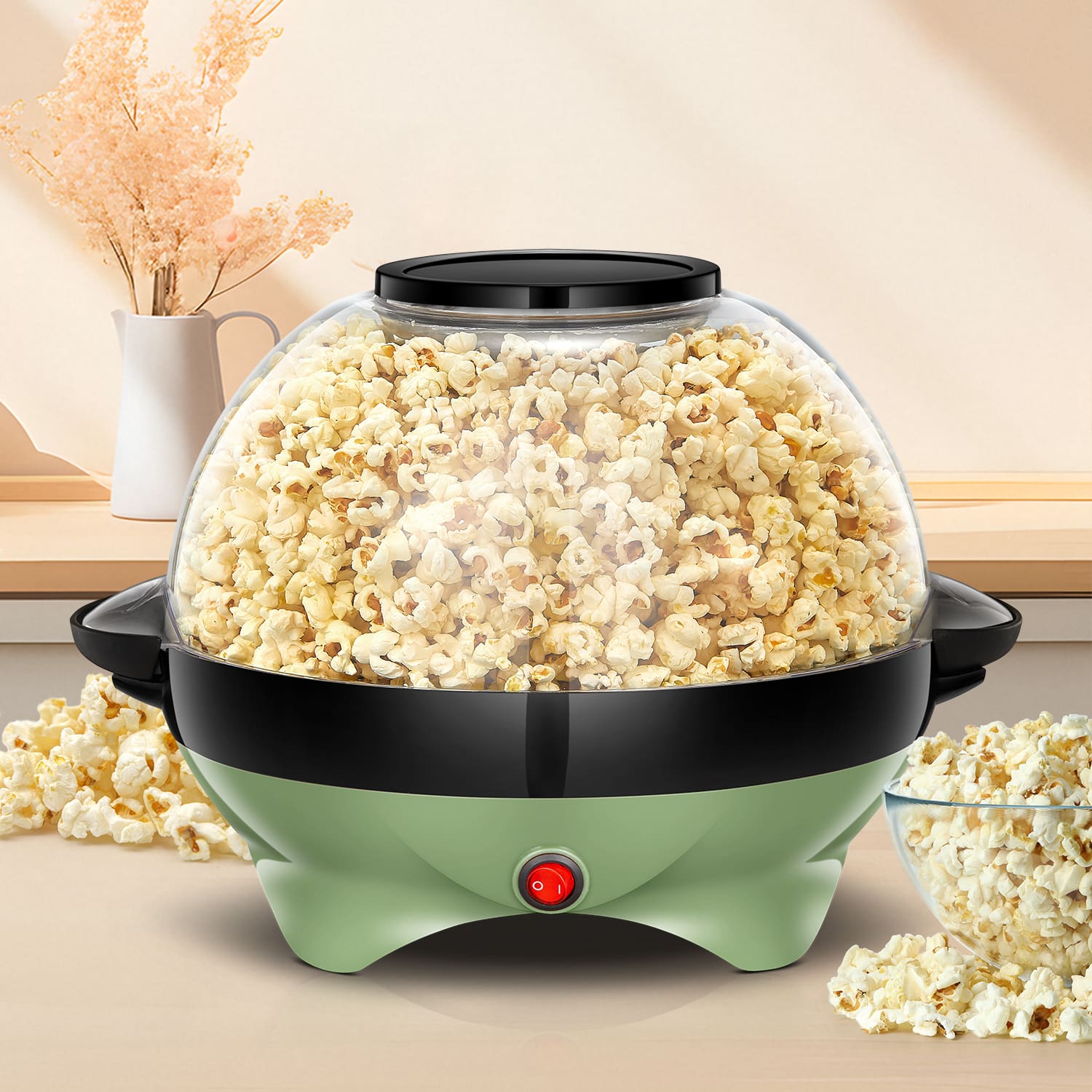 Front. KEINVE - Popcorn Machine, 6-Quart Popcorn Popper maker, Nonstick Plate, Electric Stirring with Quick-Heat Technology, Cool Touch - Green.